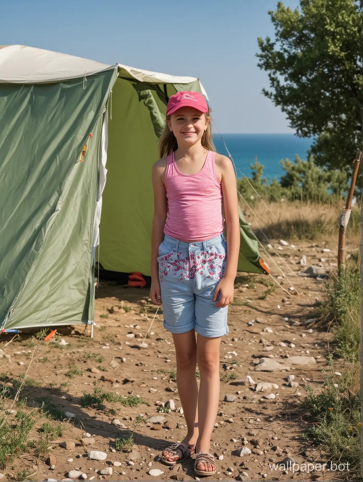 An 11-year-old girl in shorts and a cap near a tent, Crimea, sea in the distance, full height, smile, tents in the distance