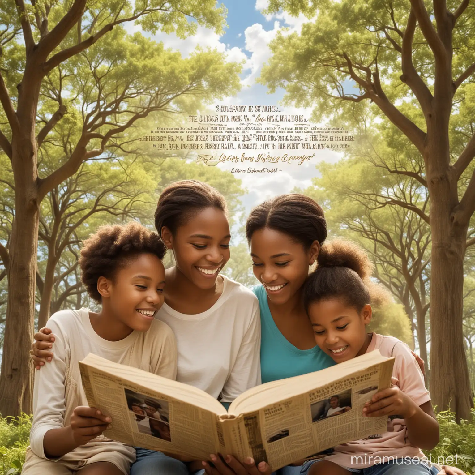 Create an image of an African-American family, having fun and enjoying each other while reading and doing family activities, make the image focused on reading with inspirational words embedded into outdoor scenery, such as words in the trees, clouds. Make these words that are inspirational and reflect characteristics we want to aspire to.