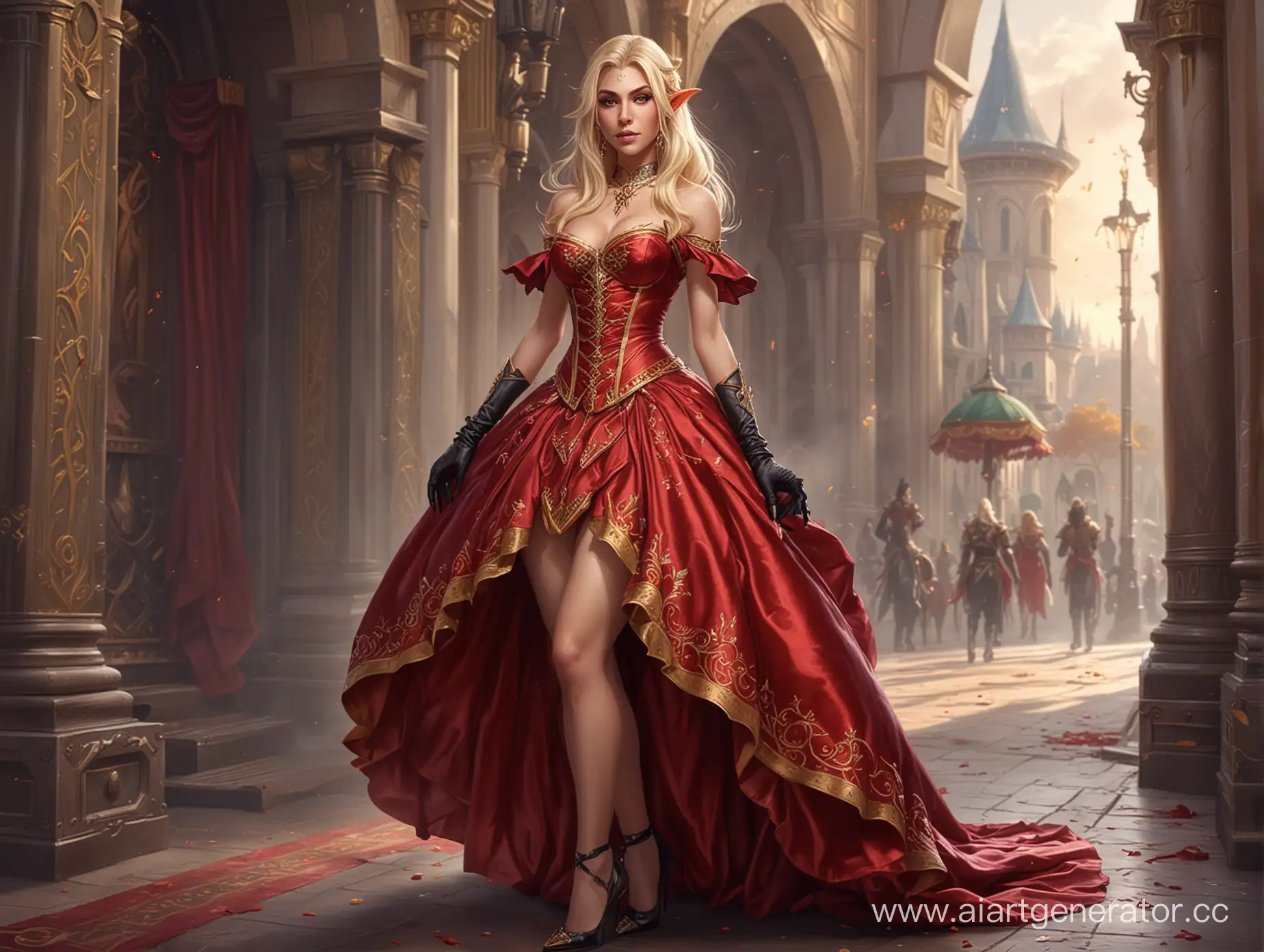 Female blood elf (World of Warcraft) art
В пышном атласном платье. Перчатках и туфлях на шпильке 14. 
Пышная юбка по щиколотку и кринолин.