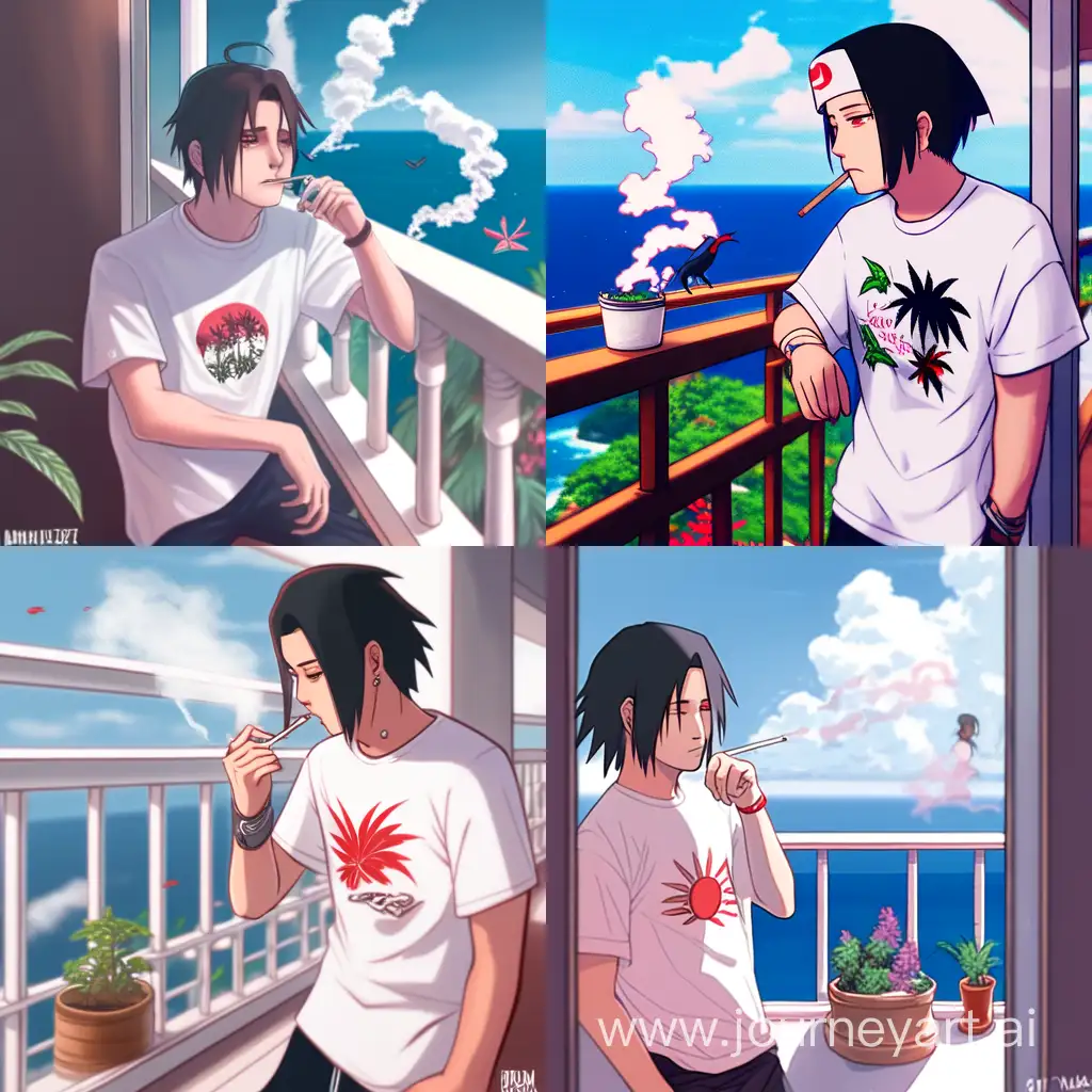 Itachi smoking joing at the balcony looking at konoha, with activated sharingan and red eyes from cannabis, in white t-shirt with marijuana leaf and in beach shirts