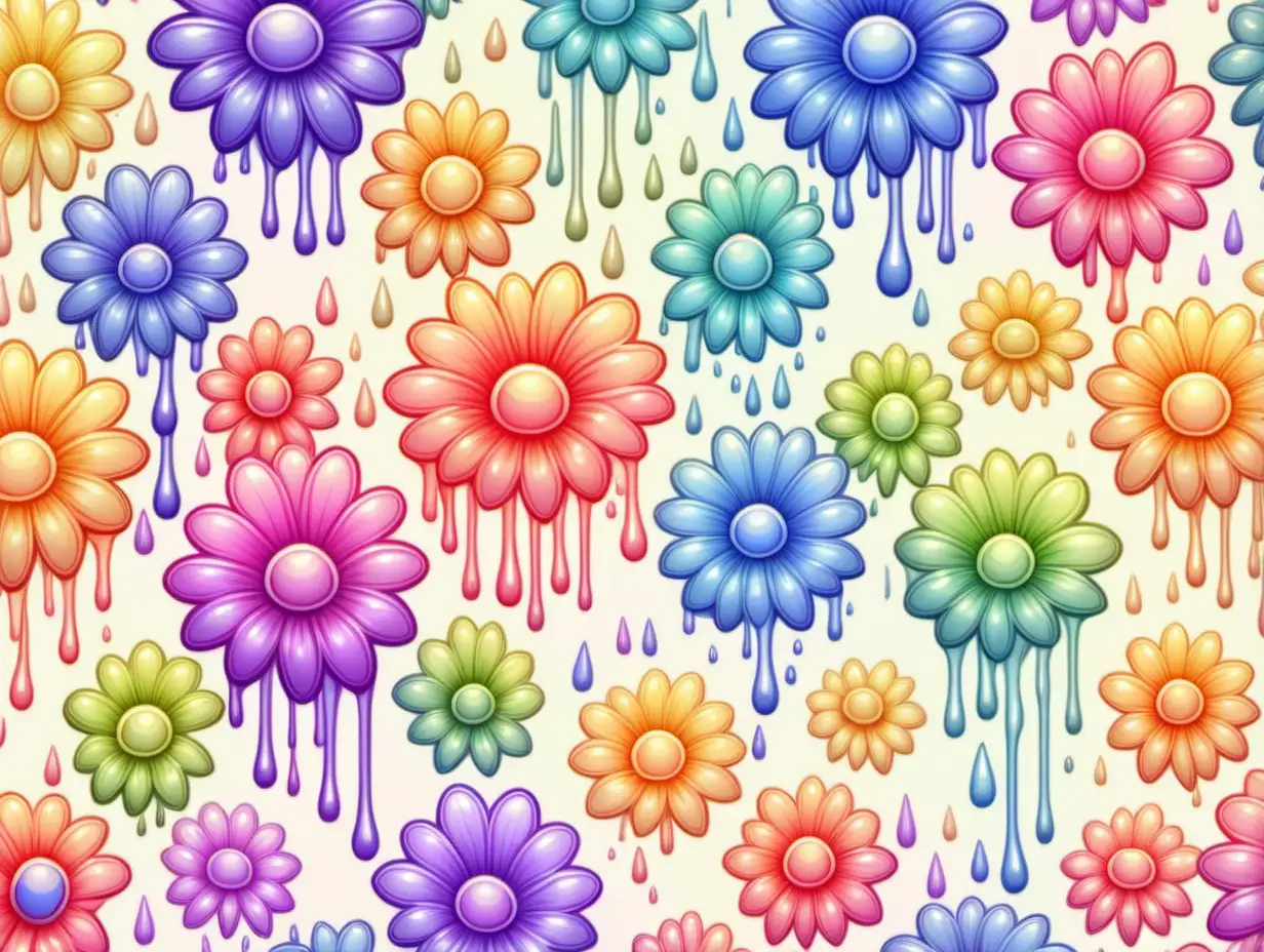 whimsical, fantasy,rainbow flowers dripping, ,cartoon,pastel tones,  Seamless patterns, repeating tiled patterns design, flat illustration,  highly detailed clean,  watercolor effect, masterpiece, professional photography, soft background, seamless colorful pattern, repeating textures, vibrant hues --tile --v5 