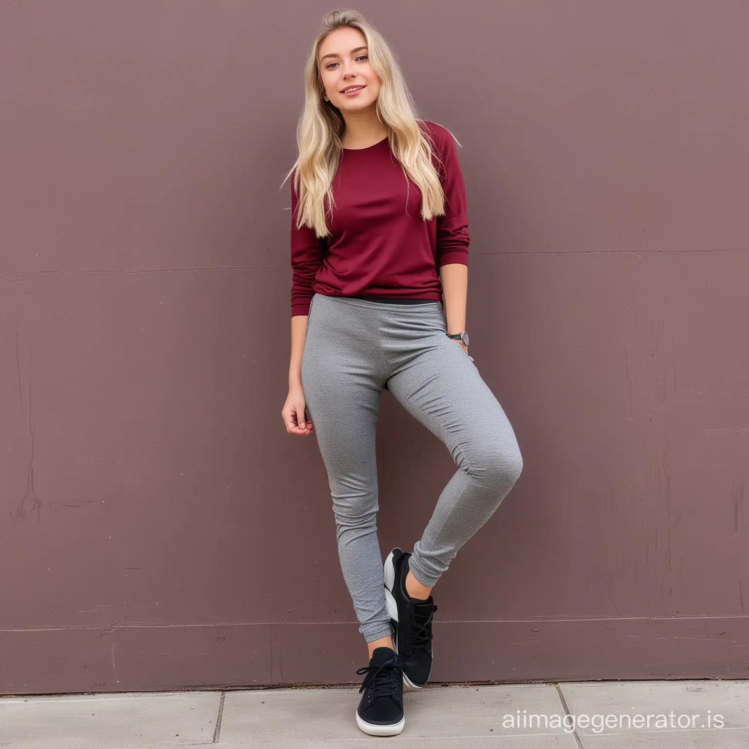 Gorgeous fifteen years old blonde girl in heather gray leggings with burgundy colour blouse and black sneakers