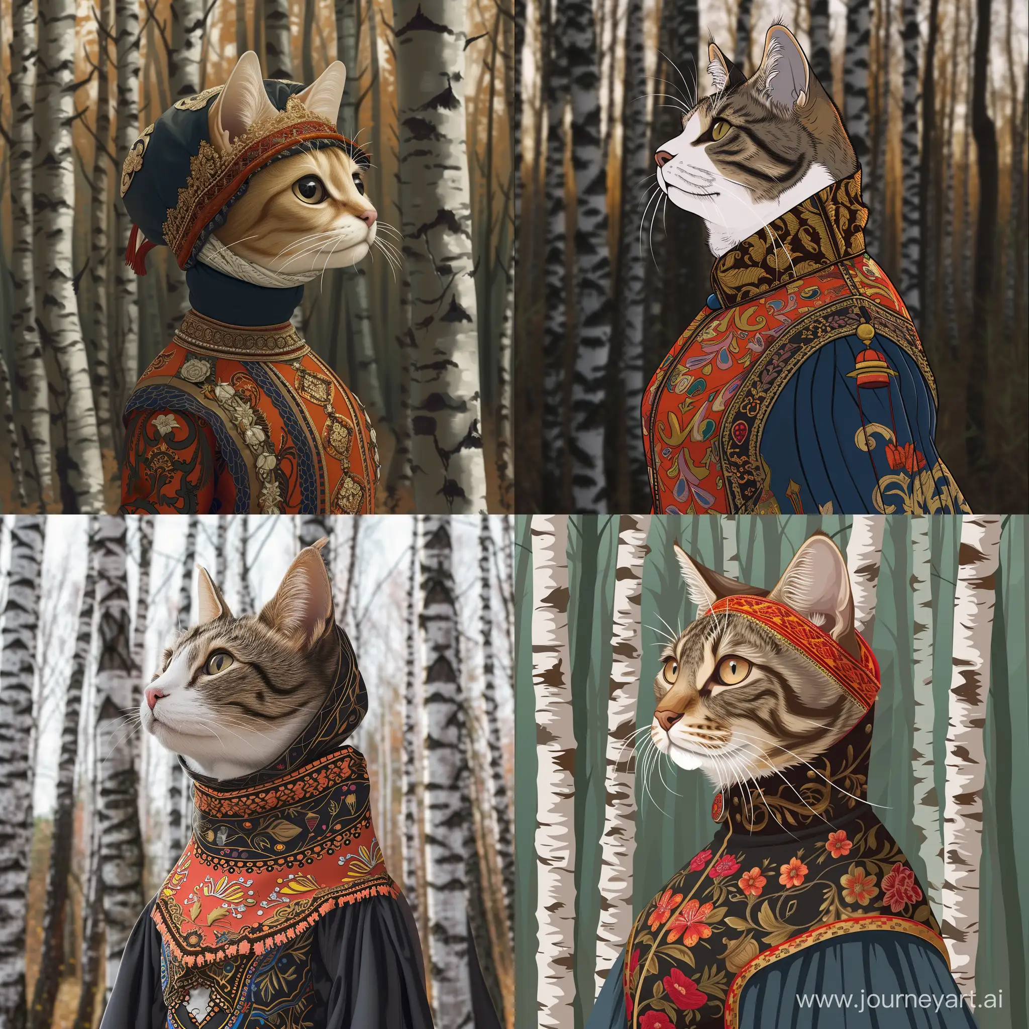 Whimsical-Russian-Costumed-Cartoon-Cat-Among-Birch-Trees