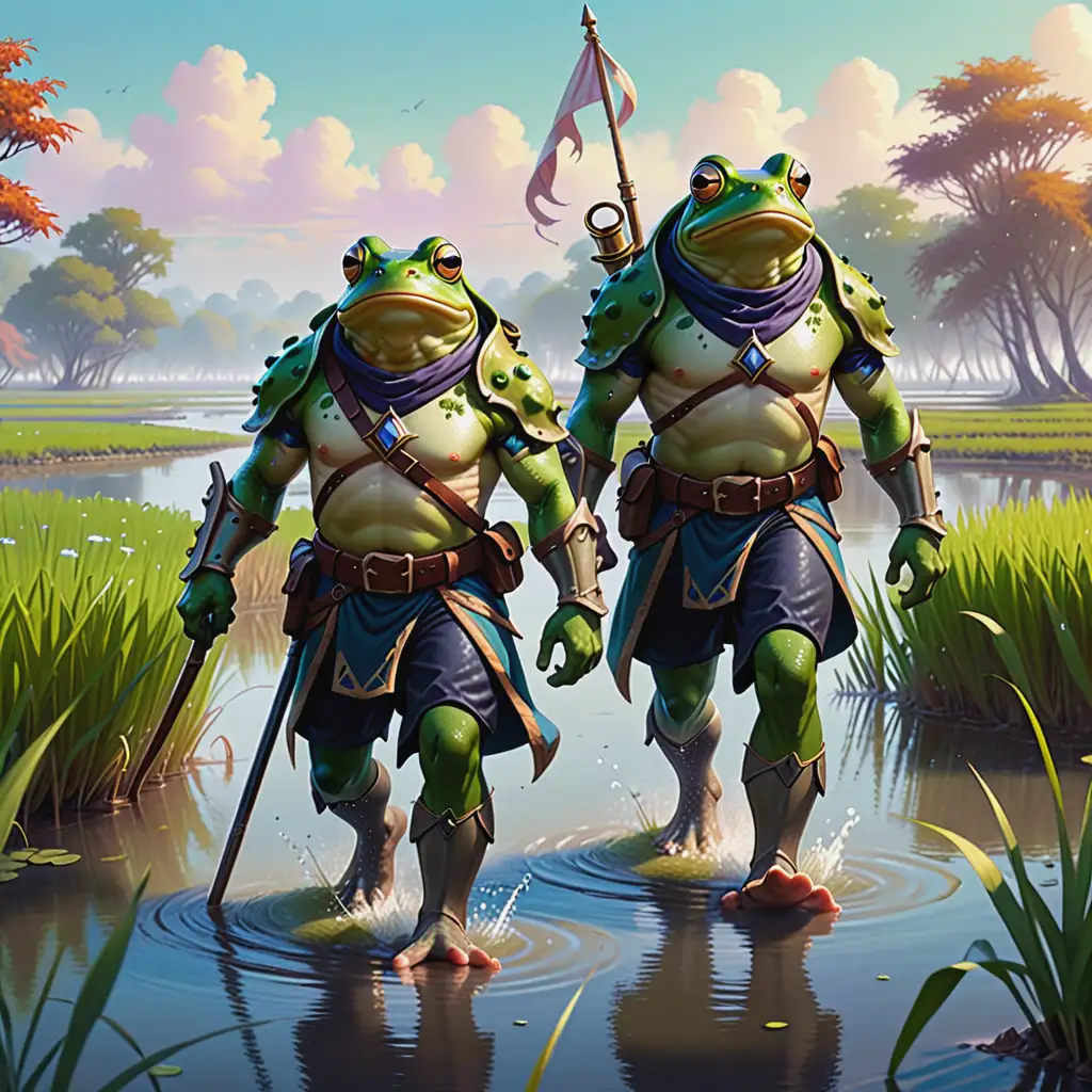 fantasy frogmen, medieval frog people, patrolling the marsh, world of warcraft tcg art, stylized game asset