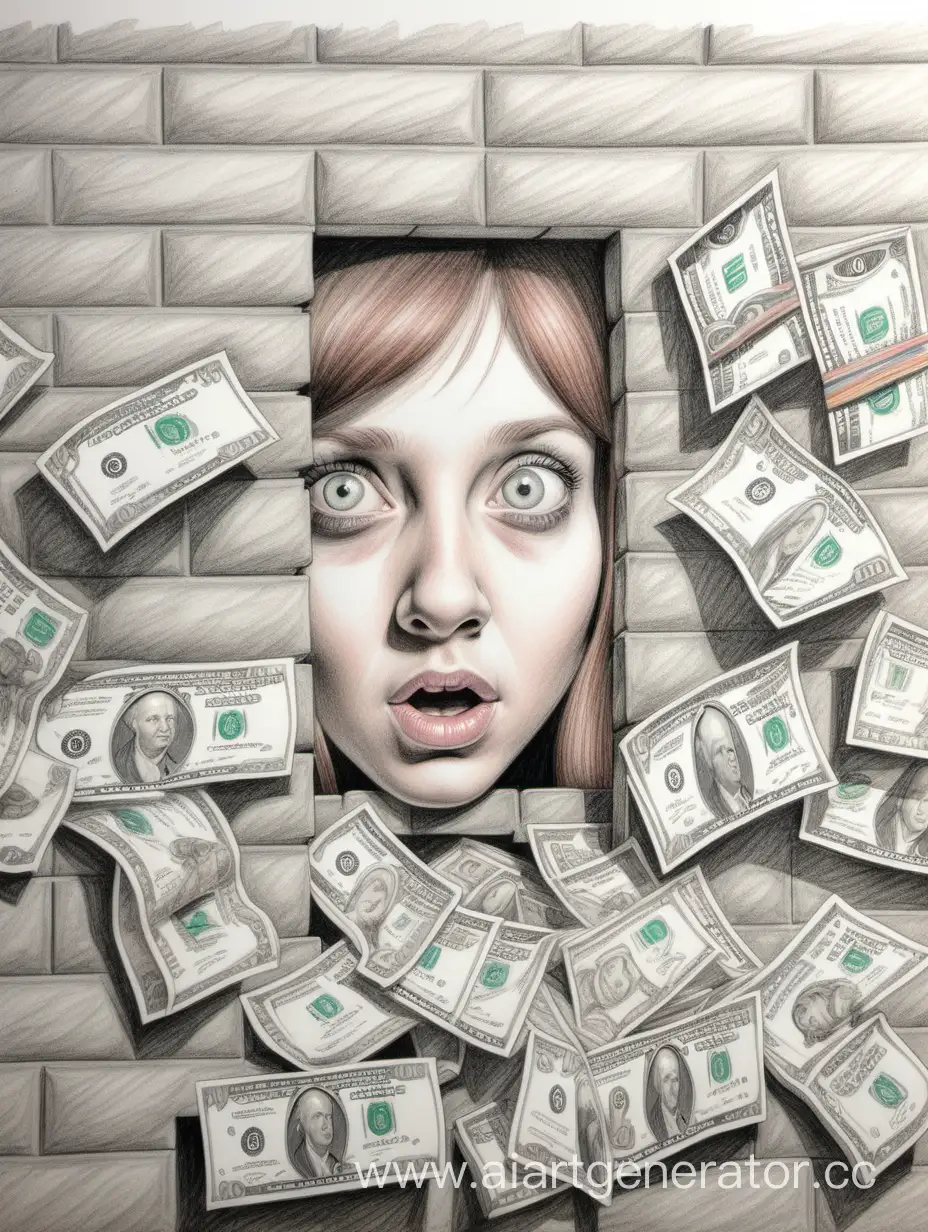 Girl-Concealing-Behind-Wall-Evading-Money-with-Color-Pencil-Illustration