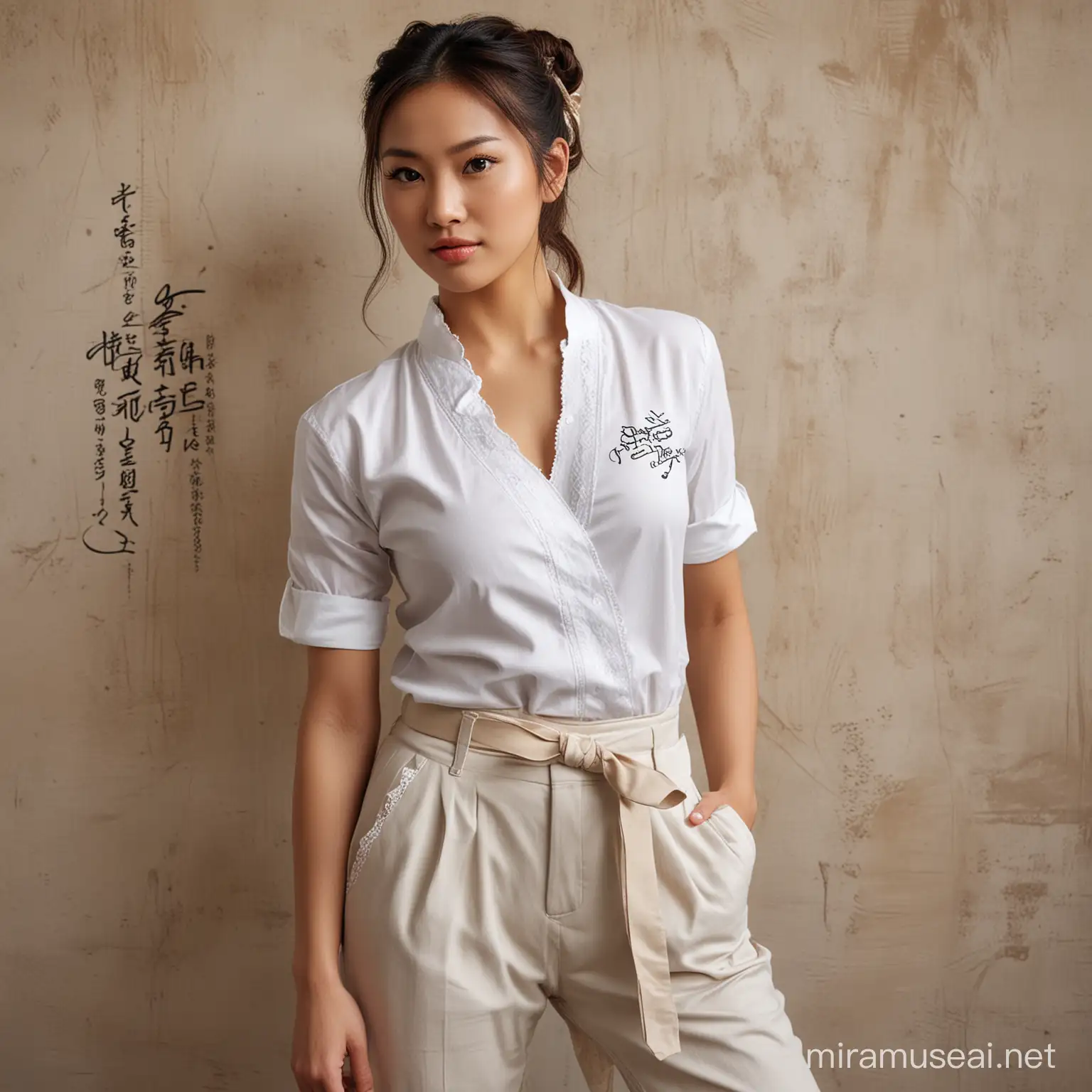 Sensual ChunLi Portrait Against Wall with Lace Shirt