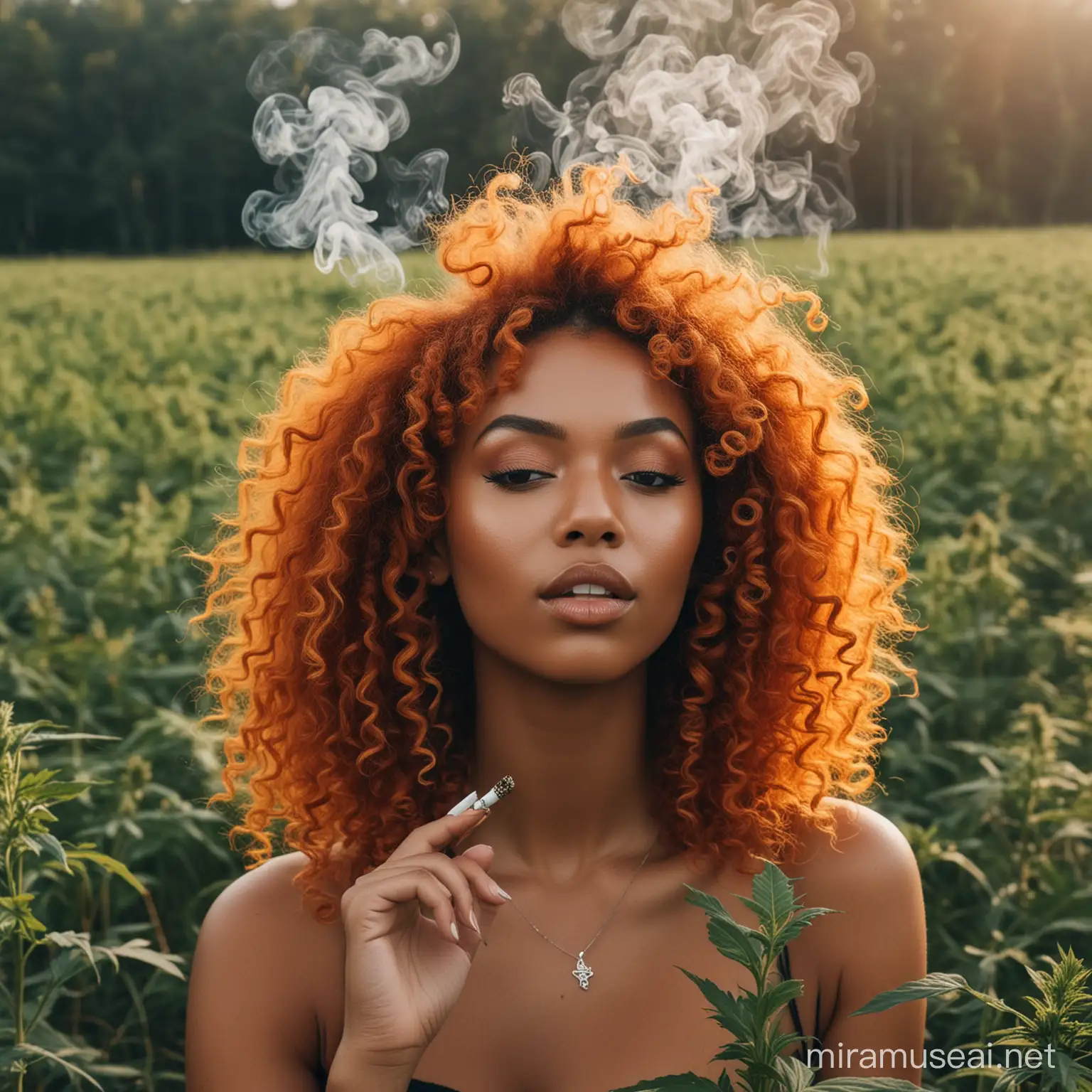 Sexy Black dark skin Woman with a bright ginger colored curl hairstyle smoking a joint in a field of cannabis, There is smoke around her.

