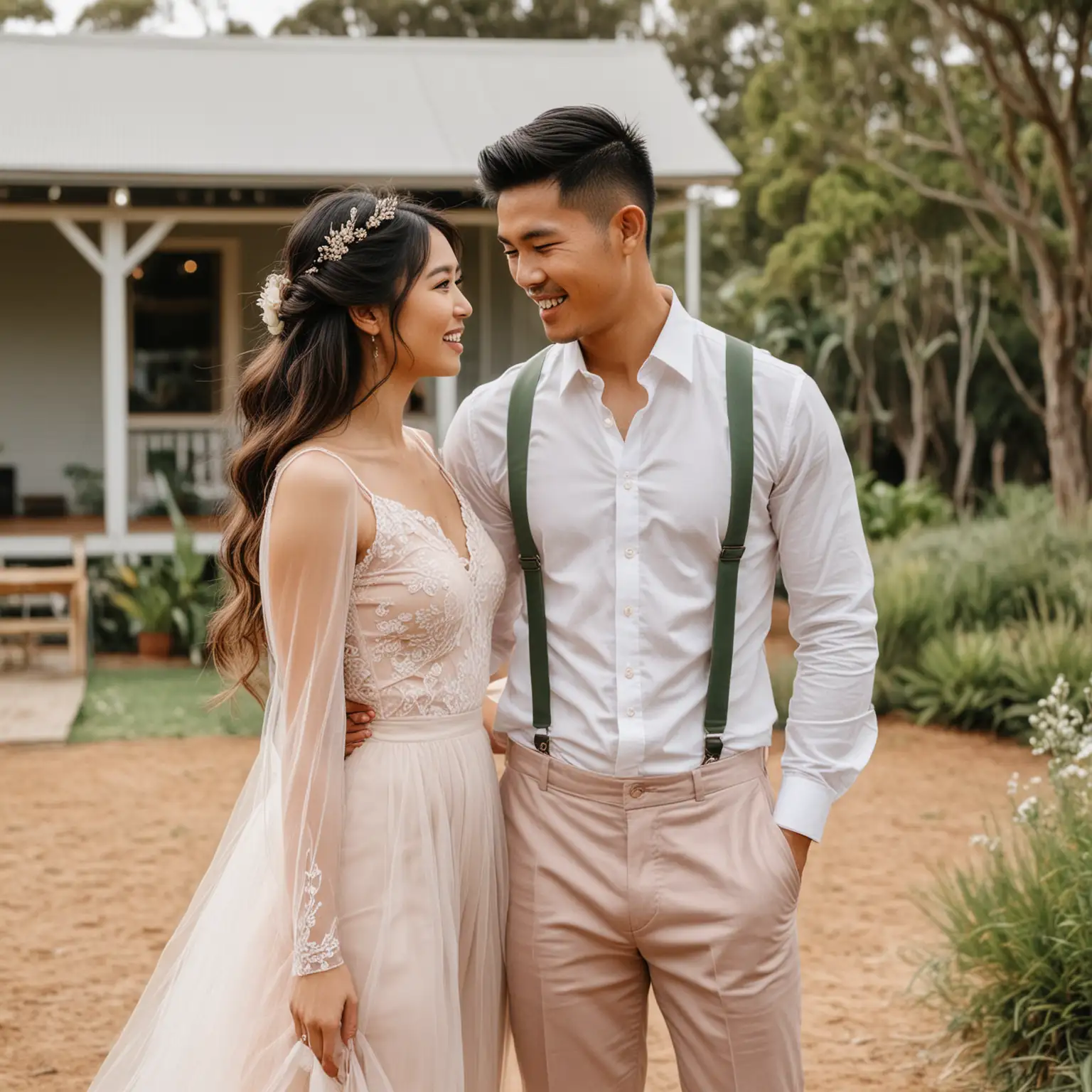 A Asian wedding couple at their Australian farmhouse wedding. the groom is wearing casual formal attire in beige pants, white button up with dark green fabric suspenders. The vietnamese bride wears a boho style blush pink tulle wedding dress with her hair down.
