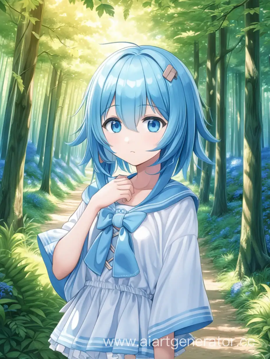 аниме девочка синие волосы голубые глаза летняя одежда 
лес каре
