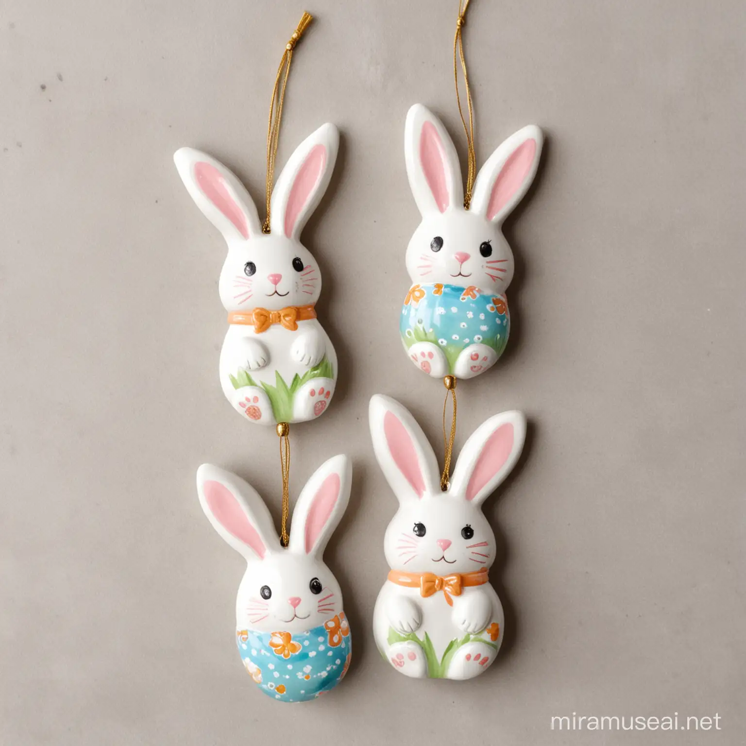 Adorable Easter Bunny Ceramic Ornaments on a White Background