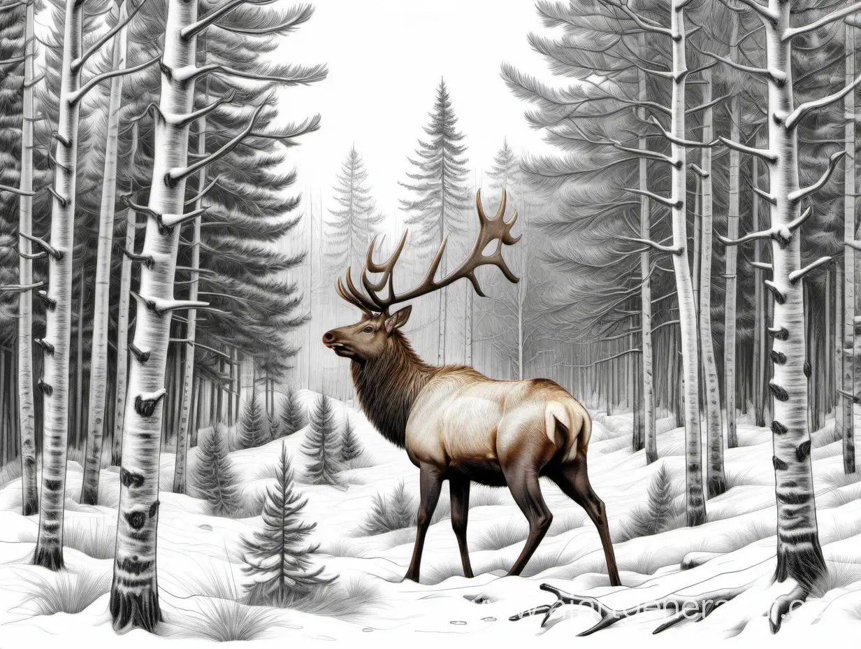 максимально реалистичный рисунок как фотография максимально детализированная на белом фоне лось  по бокам зимняя природа (елки и сосны и березы, в снегу) в стиле карандашной графики
