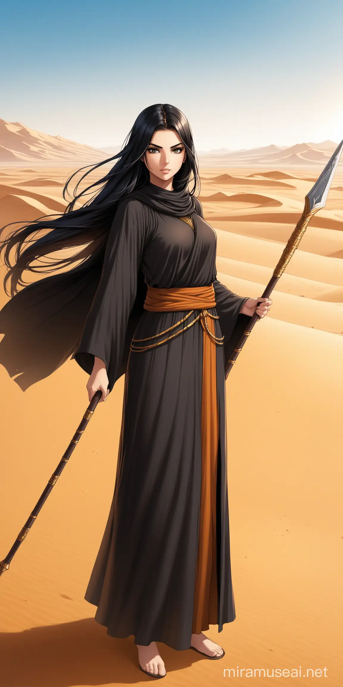 Arab Warrior Monk Girl Standing with Spear in Desert