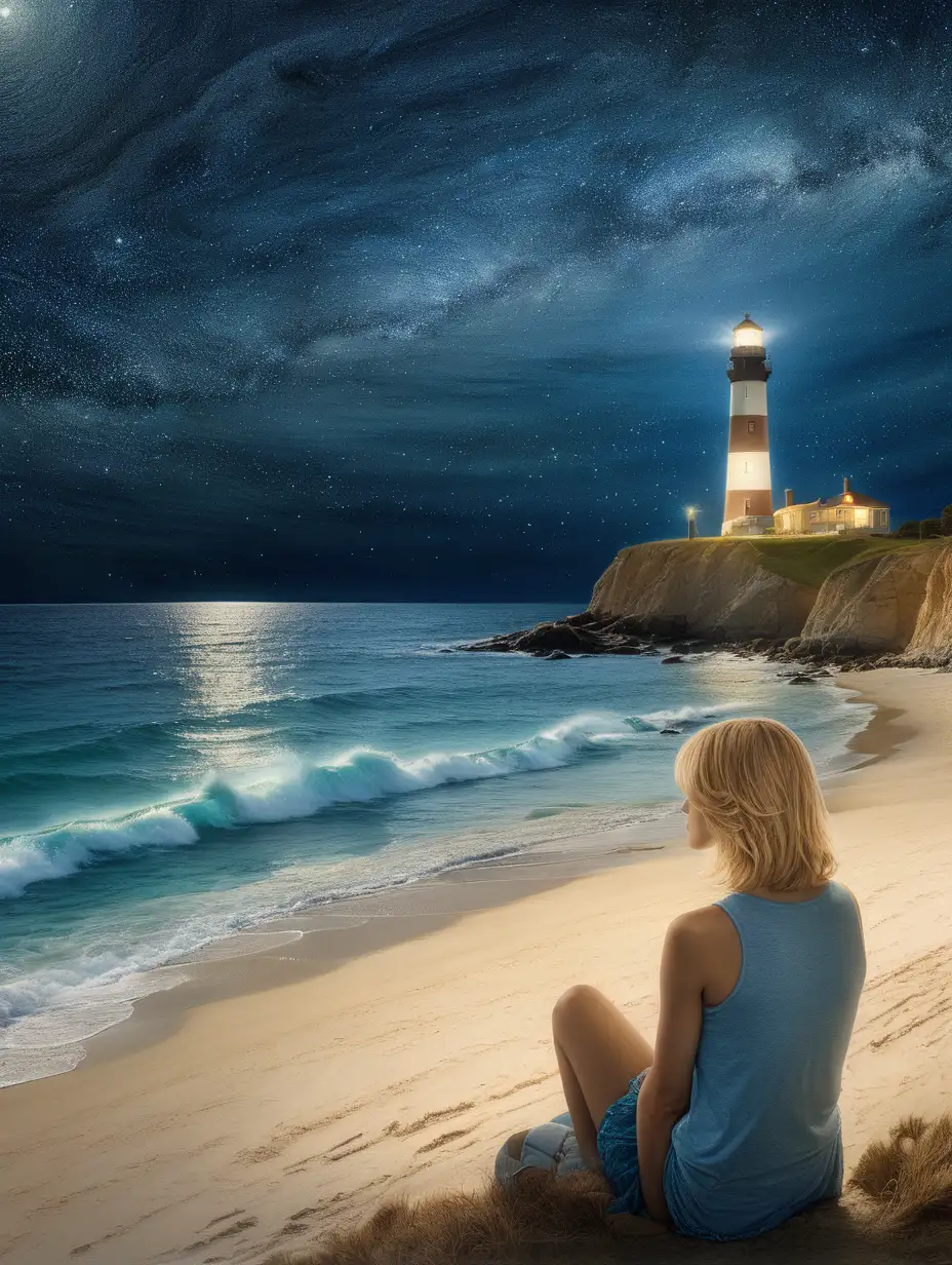mixed media vertical collage with layered elements to create depth, 40 year old woman with shoulder length blond hair sitting on beach looking out to ocean, ocean slightly illuminated  by stars, lighthouse with light on clifftop, style of mixed media collage with layered elements to create a sense of depth --ar 2:3