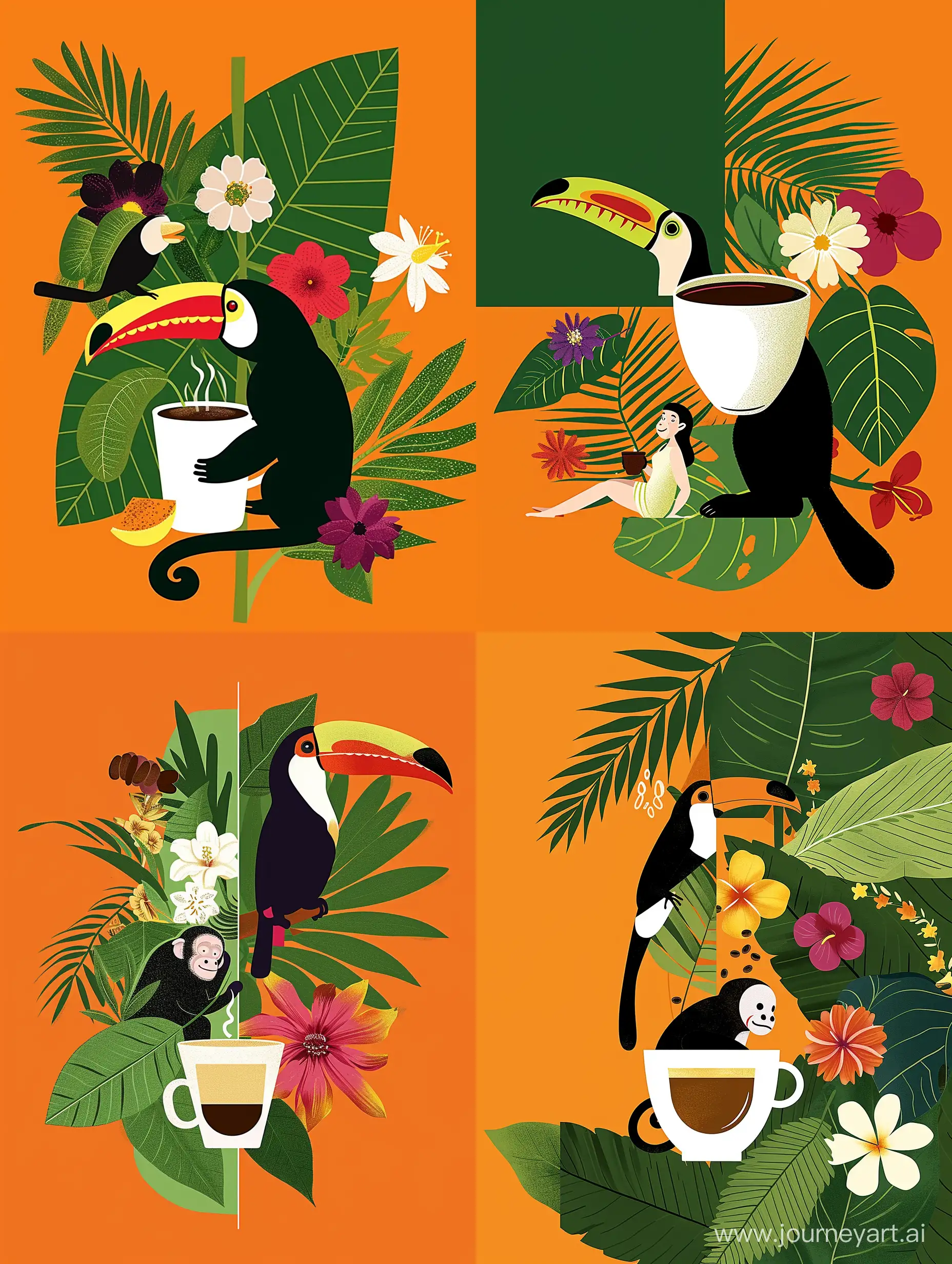 Tropical-Coffee-Scene-with-Girl-Capuchin-Toucan-and-Palm-Leaves