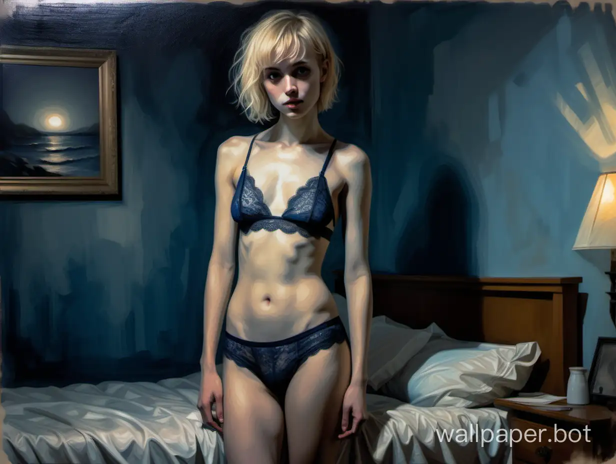 A pretty, petite, slim lesbian with blonde hair cut very short, with a boyish fringe.  Tight lace  bikini underwear and a tiny cropped top that shows her bare midriff. A feminine untidy bedroom. Full body-length portrait. Dark, muted blues. Soft moonlight. The aesthetic and textures of a fine art oil painting