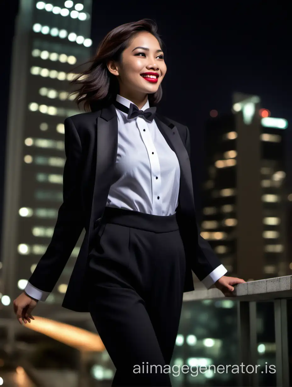 It is night. A sophisticated Filipino woman with shoulder-length hair and lipstick is walking toward a skyscraper ledge. She is wearing a black tuxedo with a black jacket. Her shirt is white with double French cuffs. Her bowtie is black. Her cummerbund is black. Her pants are black. Her cufflinks are black. She is smiling and laughing. She is relaxed. Her jacket is open.