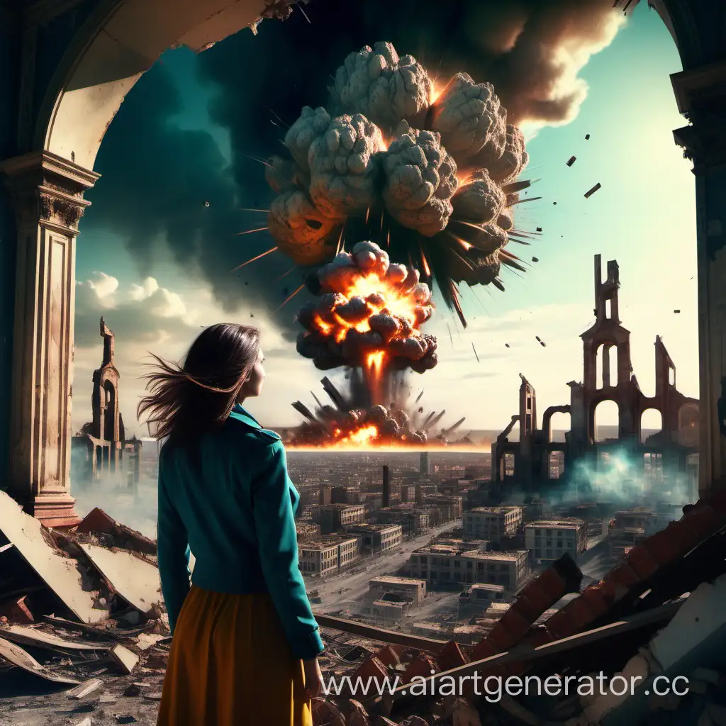 Женщина смотрит на разрушенный город, вдали взрывается бомба, сюрреализм, высокое качество, четкие детали, кинематографическое освещение, яркие цвета