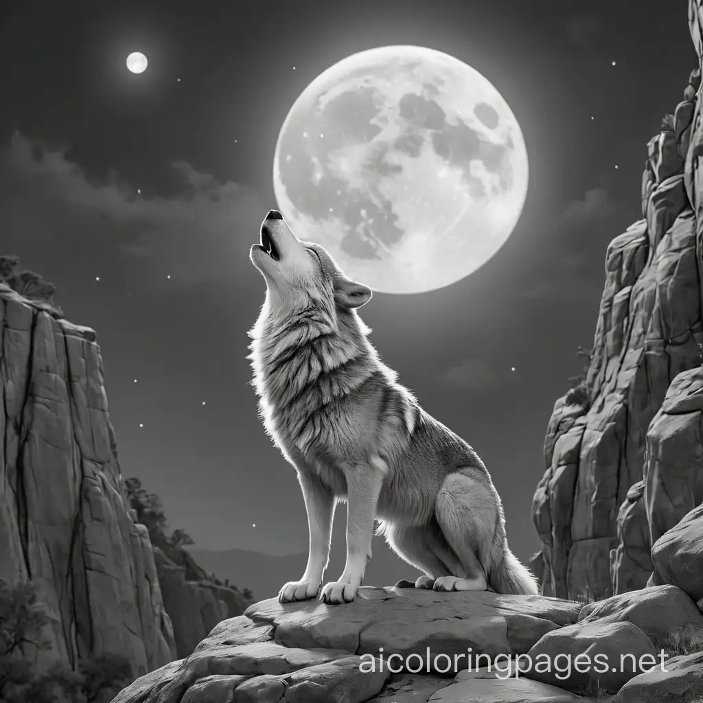 Wolf howling at moon on cliff, Coloring Page, black and white, line art, white background, Simplicity, Ample White Space. The background of the coloring page is plain white to make it easy for young children to color within the lines. The outlines of all the subjects are easy to distinguish, making it simple for kids to color without too much difficulty