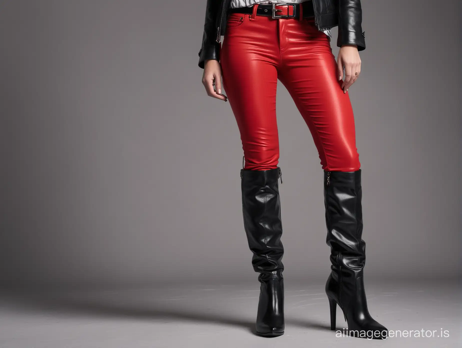 closeup on a lady in red textile pants with belt, tight black knee high boots, standing tall, open black leather jacket