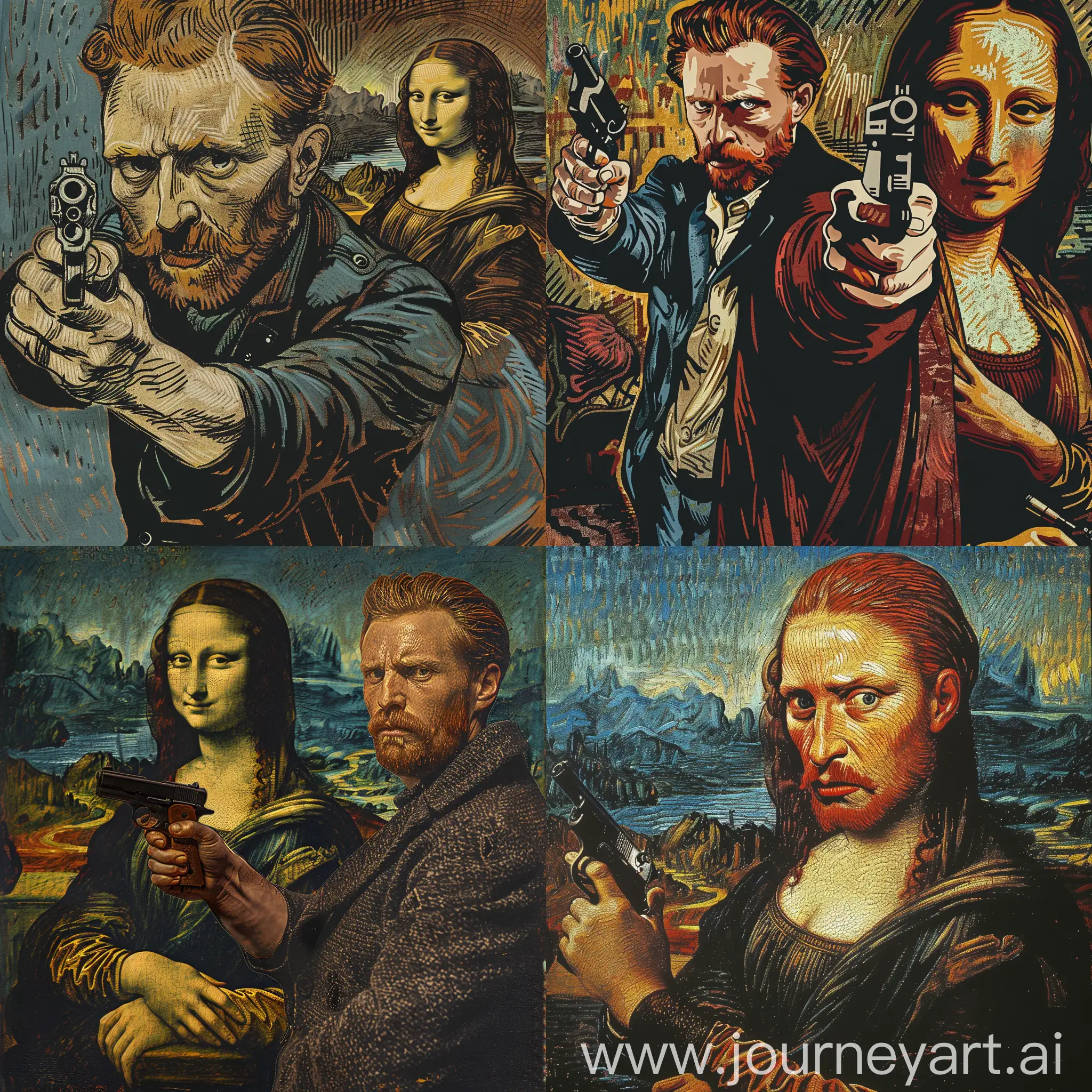 van gogh holds with a gun in his hand mona lisa hostage