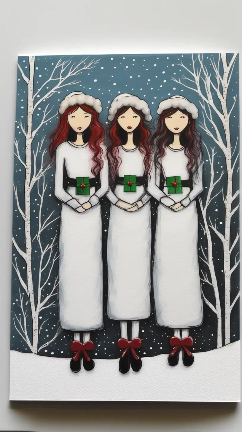 make a christmas related card with 3 women   make it as it is painted with acrilic colors

Make it look like a drawing 