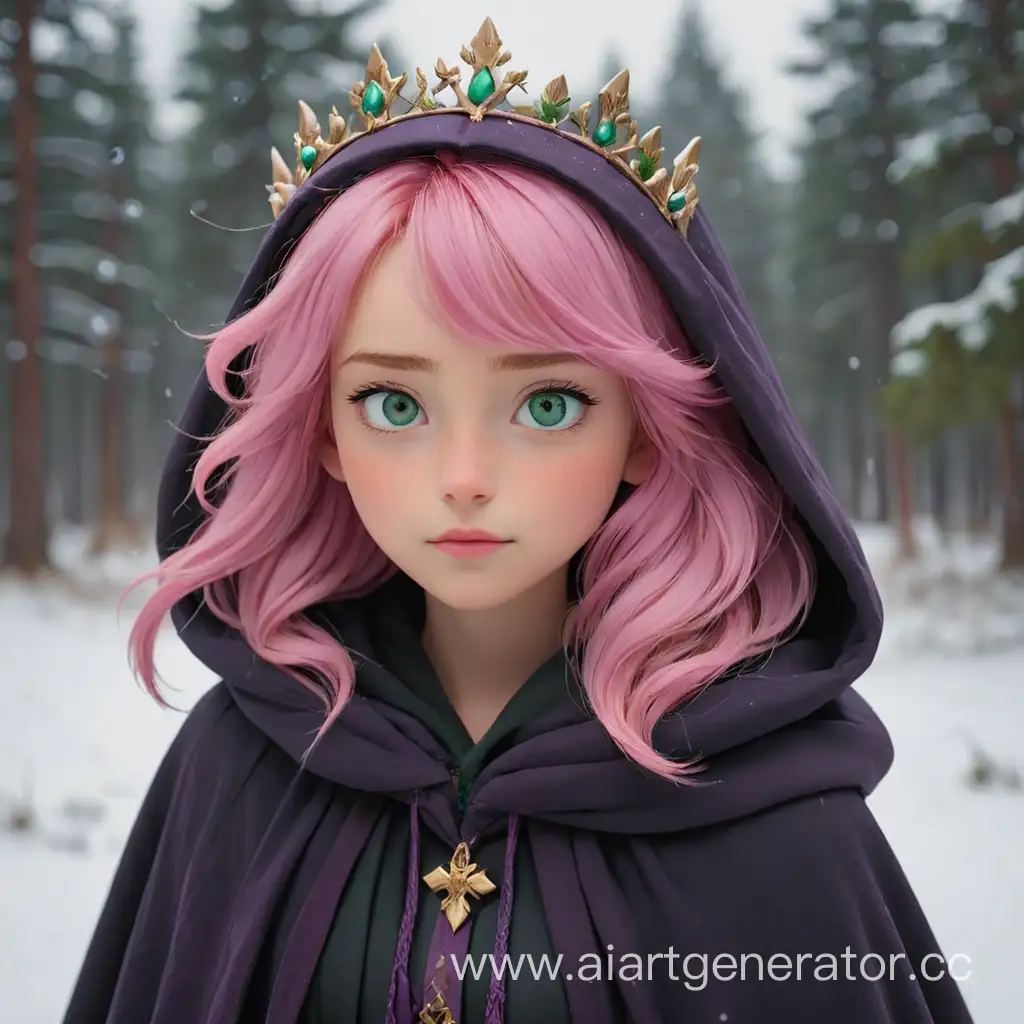 Enchanting-Snow-Princess-Young-Girl-with-Pink-Hair-and-Purple-Crown-in-Wintry-Landscape