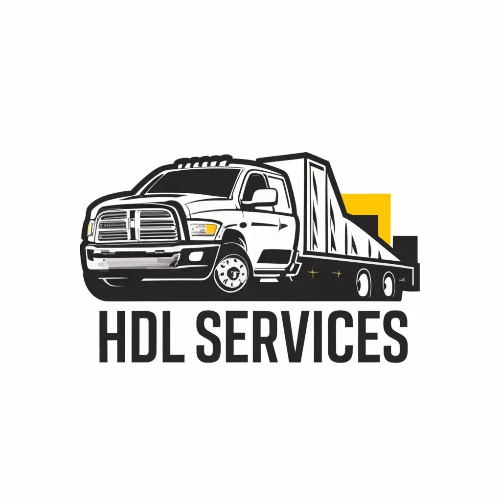 logo, Vectored logo dodge ram truck with a hauling trailer. Black and white outline and cleaning EPS. file, with the text "HDL SERVICES", typography