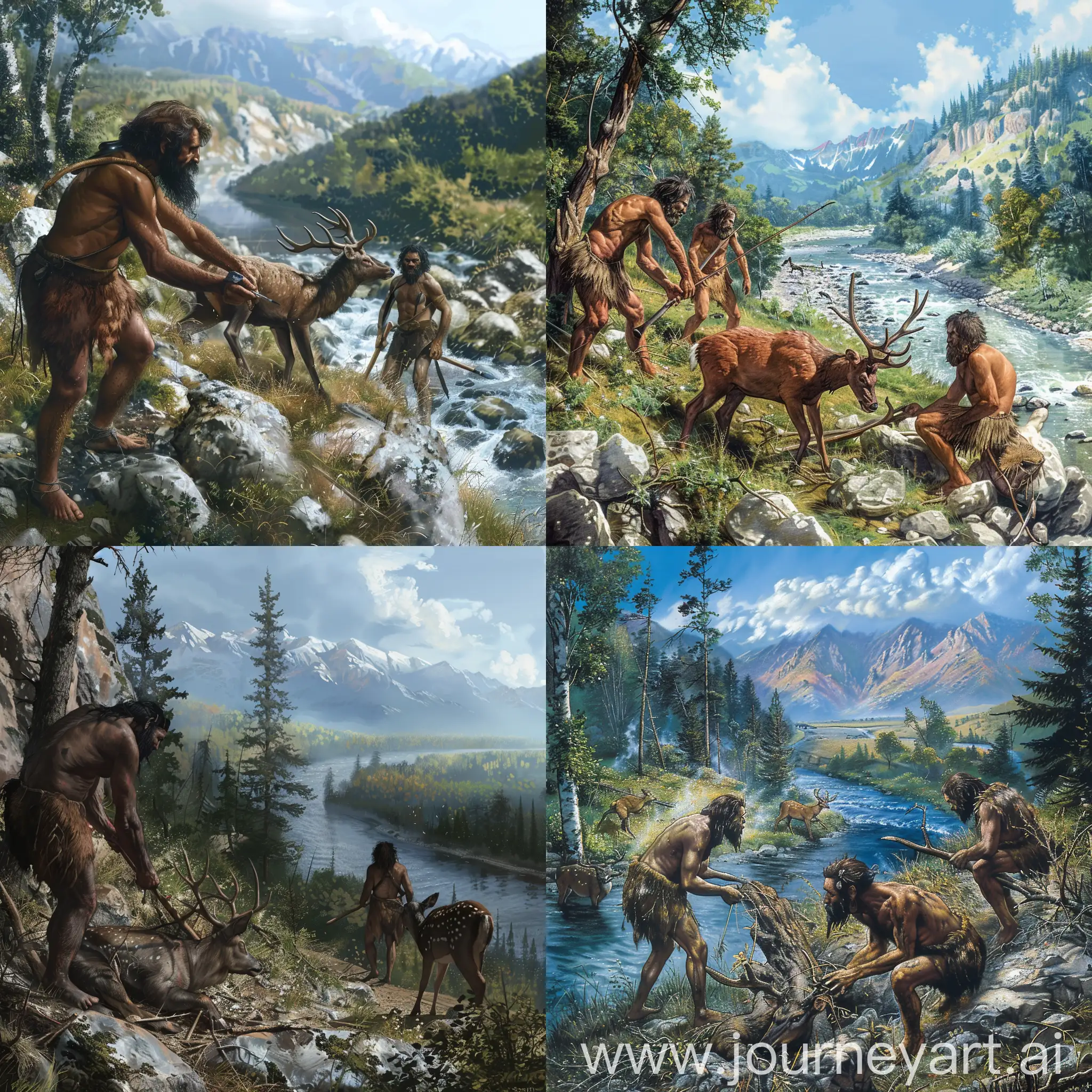 Draw an ultra realistic image of Neanderthals hunting a dear near river
