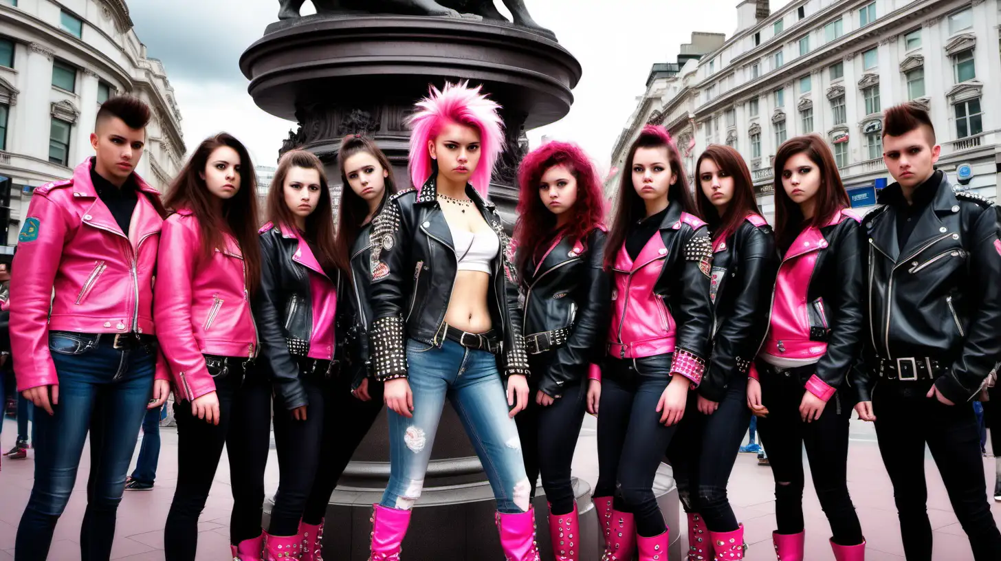 Professional Photography, a tough 17-year-old teenage girl in Piccadilly Circus London, wearing a pick studded motorcycle jacket, pink jack boots and spiked Mohican hair.  Climbing on the Euros Statue, Staring us down. Menacing look on her face,  fuck you hand gesture, surrounded by a tough dirty gang of mean girls in various poses.  Photorealistic, 4k 