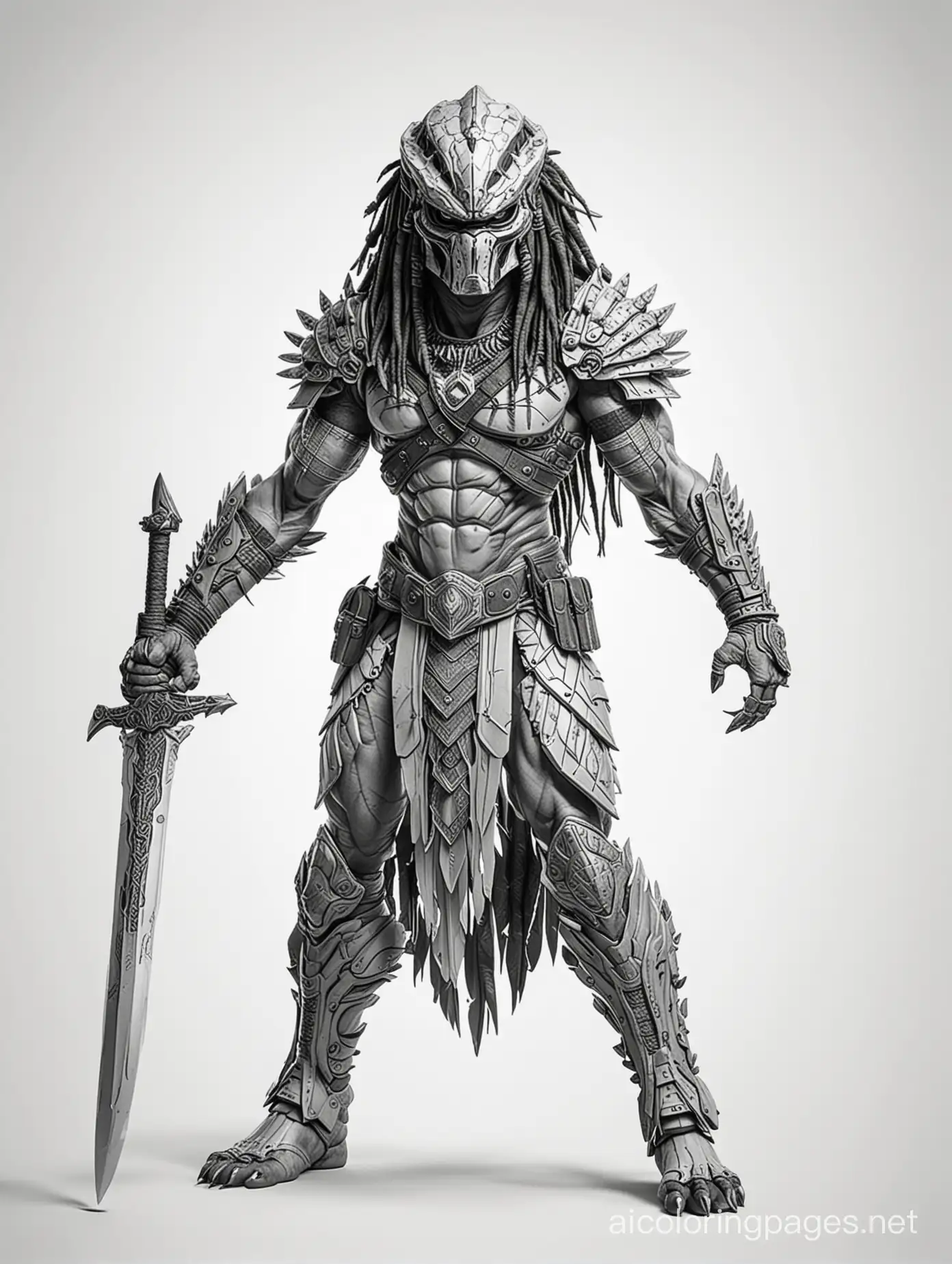 Yautja predator with sword., Coloring Page, black and white, line art, white background, Simplicity, Ample White Space. The background of the coloring page is plain white to make it easy for young children to color within the lines. The outlines of all the subjects are easy to distinguish, making it simple for kids to color without too much difficulty