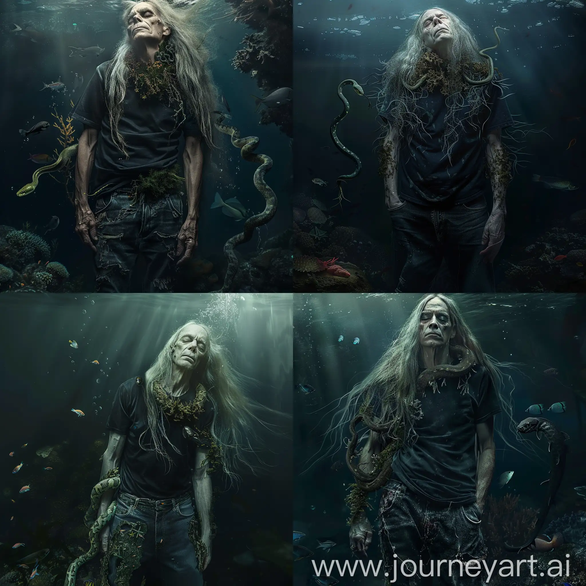 Exploring-the-Abyss-DeepSea-Journey-of-a-LongHaired-Man-with-Coral-Reef-Snake