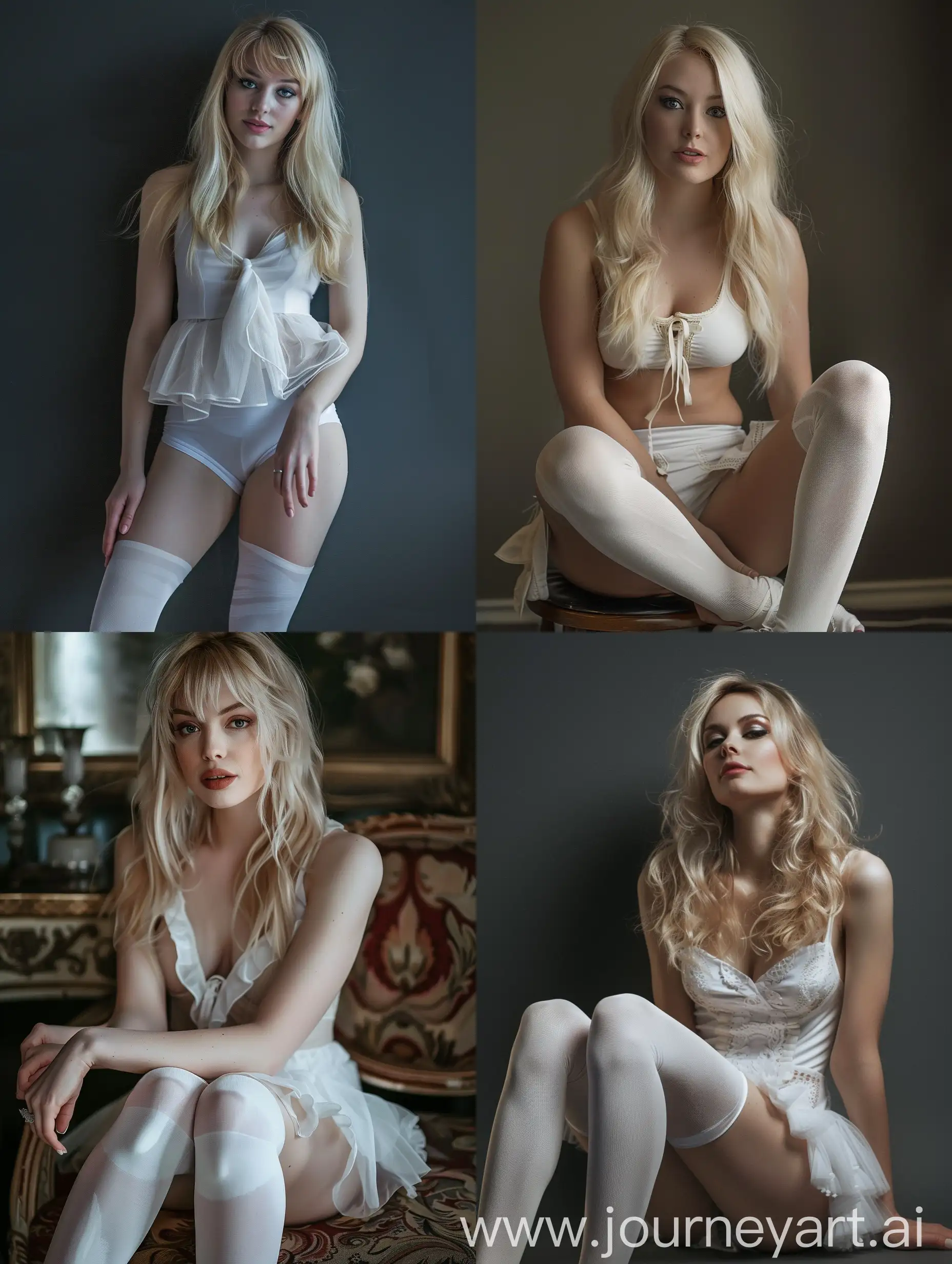 A beautiful blonde woman in white tights