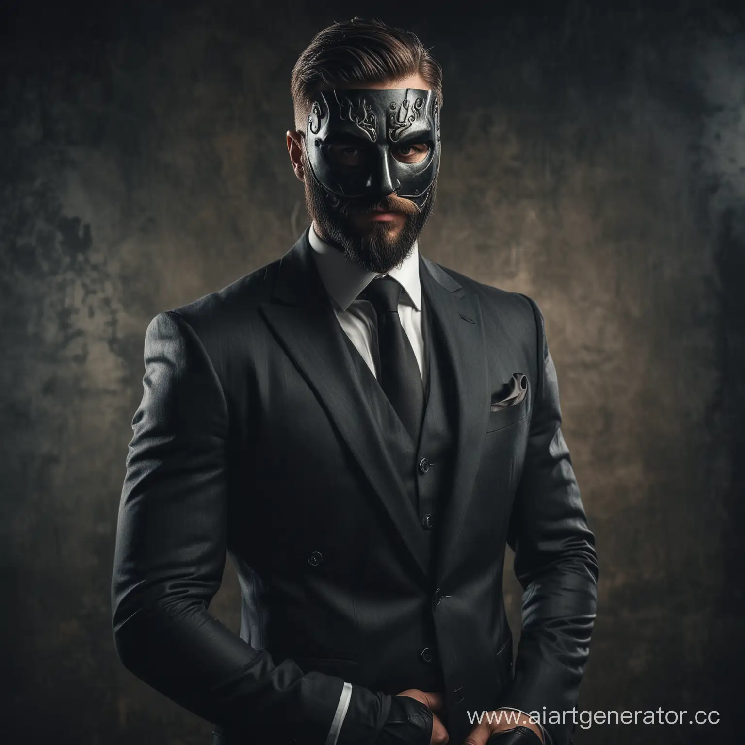 мужик накаченный с бородой в маске анонима в дорогом костюме и мрачной атмосферой