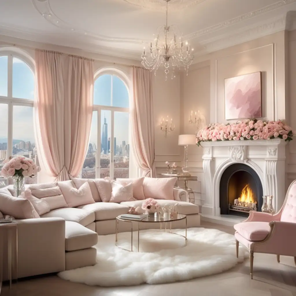 Romantic Beige Living Room with Fireplace and City View