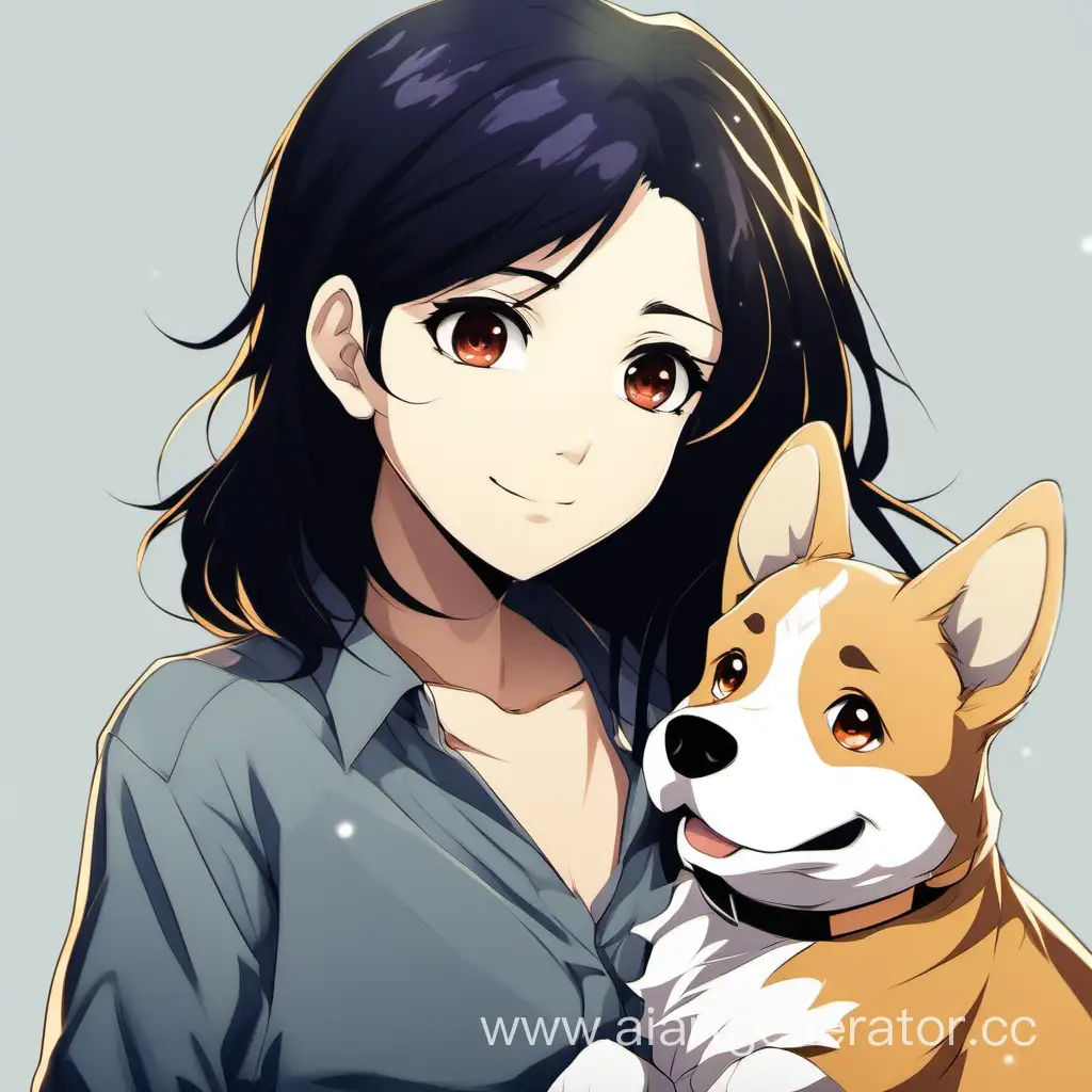 young woman, 30 years old, anime, cartoon style, black hair, confident, dughter 6 years old,  dog corgy