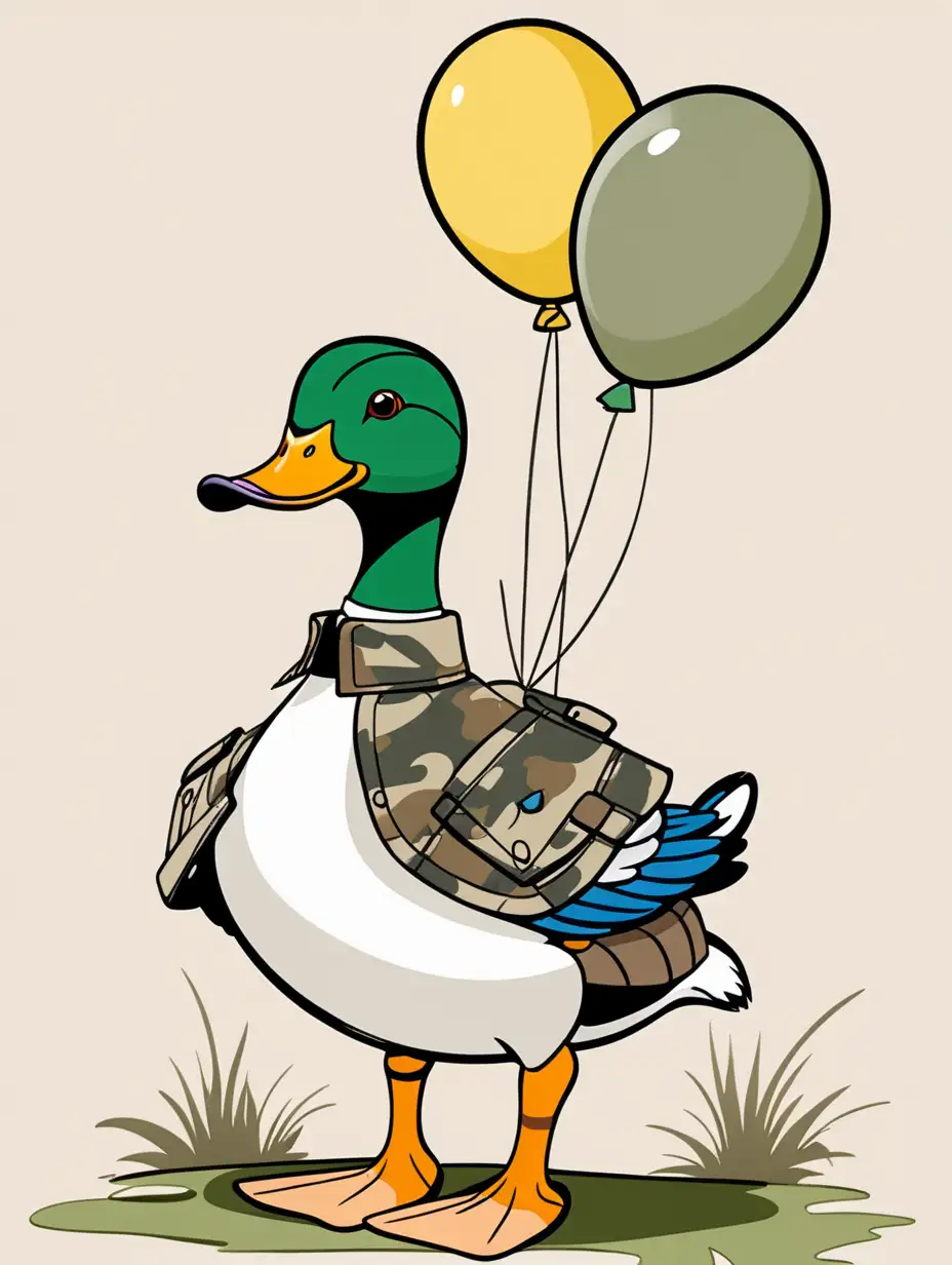 cartoon mallard duck wearing camo outside, with balloons