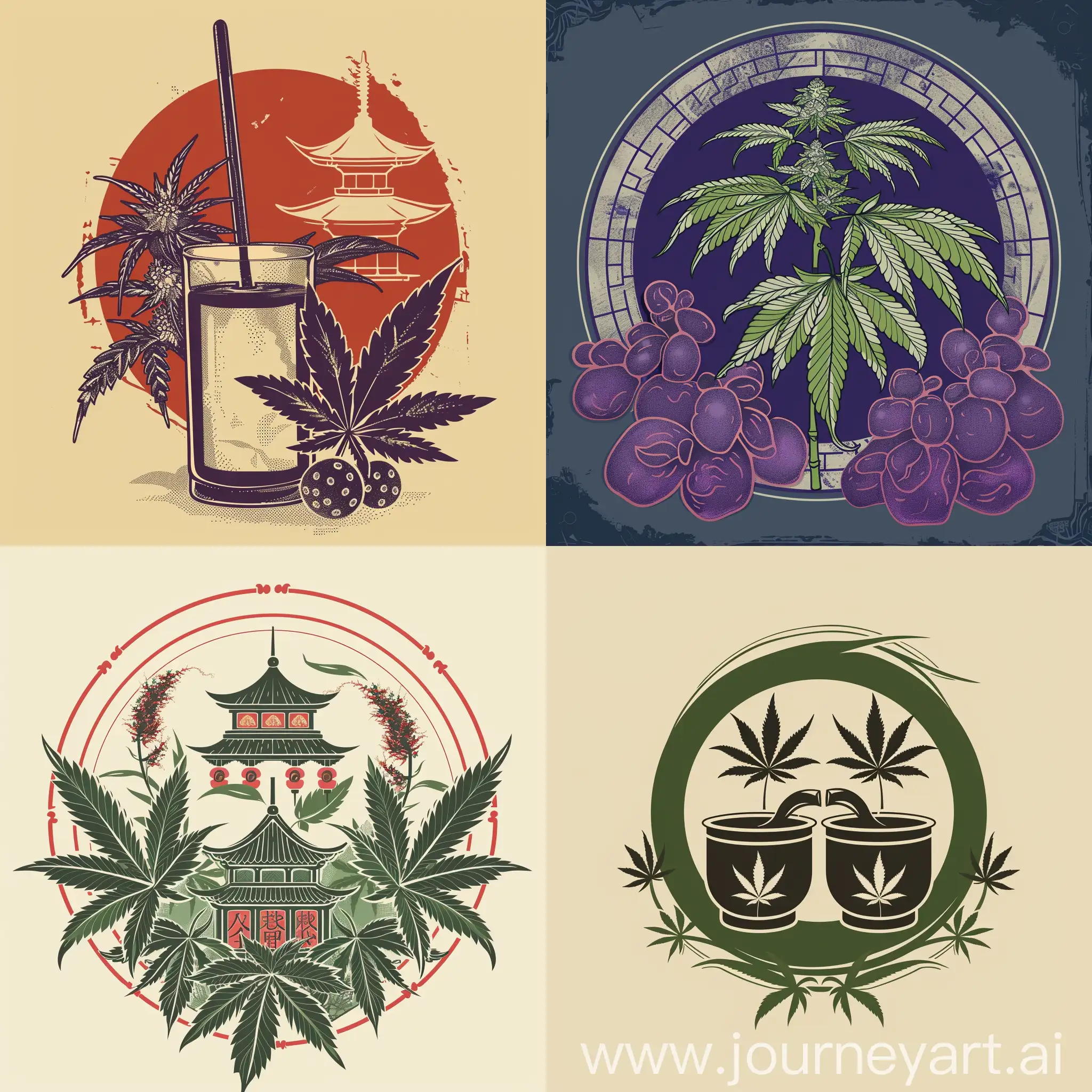 Plum garden logo design with asian aesthetics with marijuana and tai chi boba