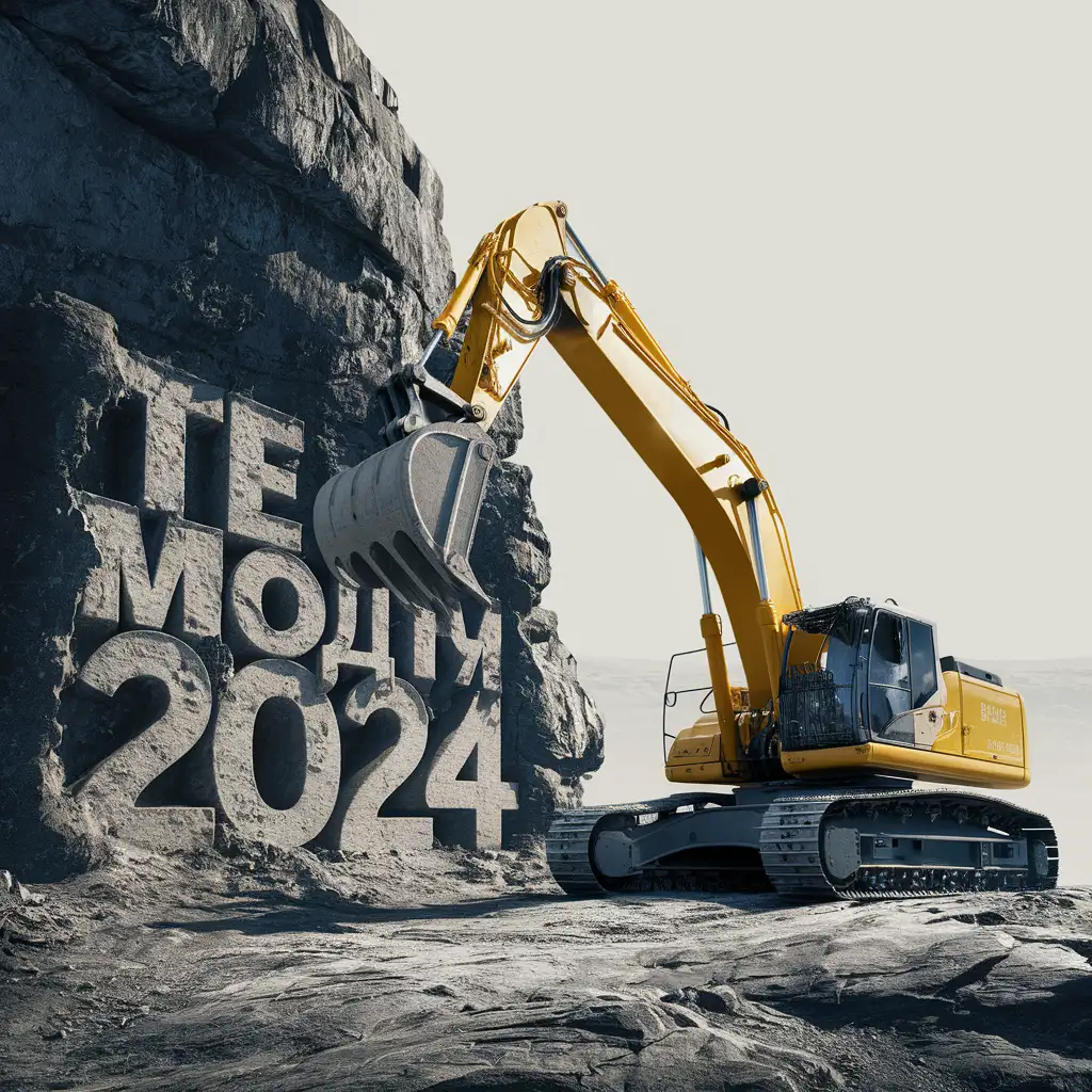 желтый экскаватор высекает слово "ТЕХНОЛЕТО 2024" из скалы.
Фон сделать минималистичным