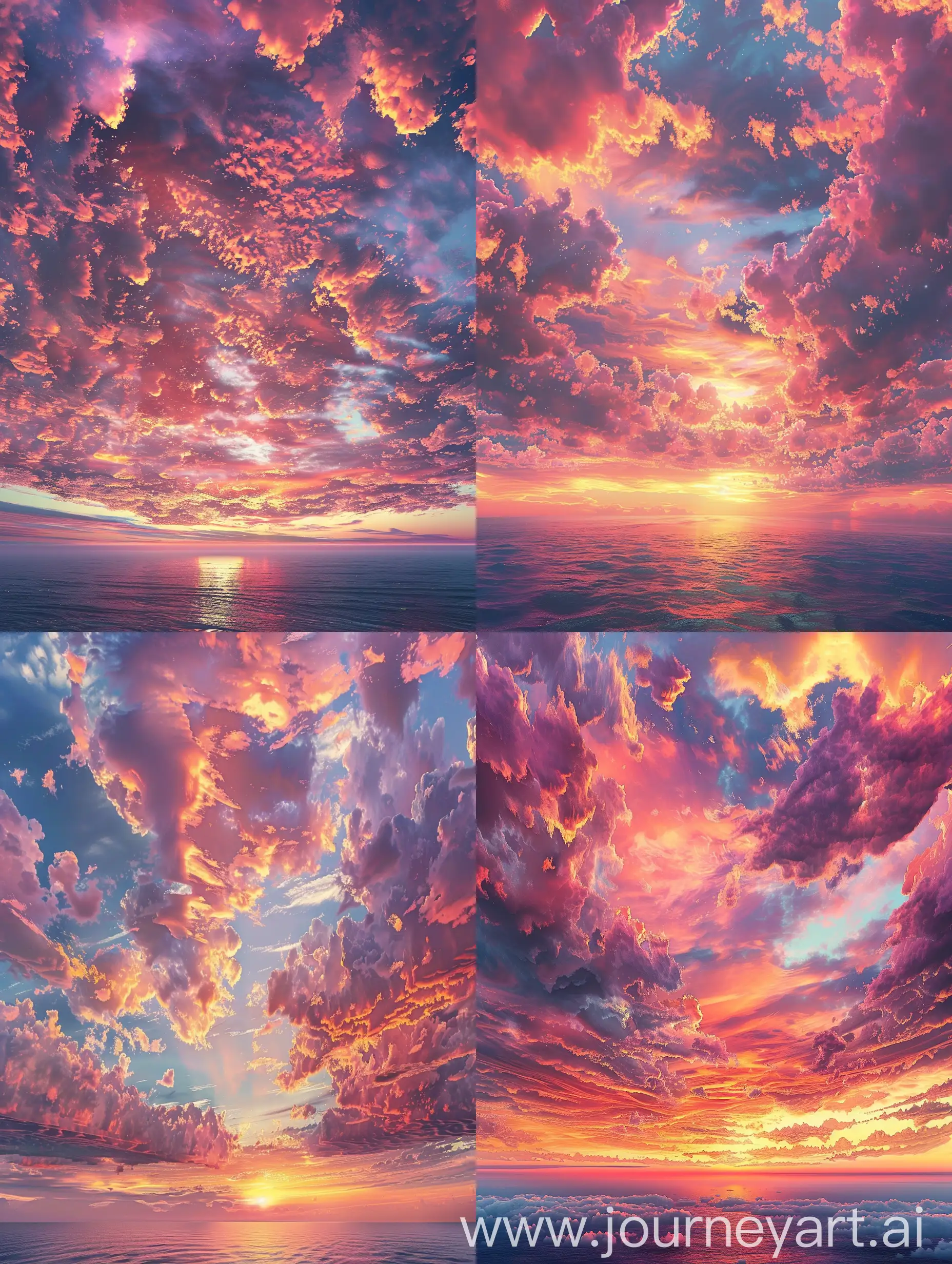 A breathtaking skyscape featuring a vibrant sunset with clouds in the stratosphere. The scene is awash with rich shades of pink, orange, and purple, reflecting the sun's last light. The clouds are intricately textured, adding depth and movement to the composition. Below, a serene and vast ocean horizon stretches out, its surface calm and reflecting the sky's fiery hues. The overall atmosphere is one of awe and tranquil beauty, with the stratospheric clouds catching the colors in a display of nature's grandeur.","size":"1024x1024"}