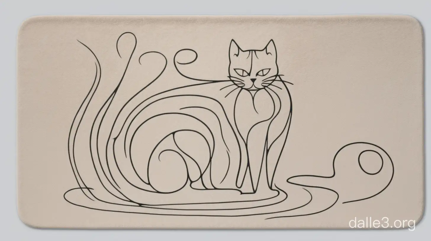 дизайн бежево-серого коврика для ванной абстракция, минимализм, закрученные плавные линии, небольшой силуэт кошки
