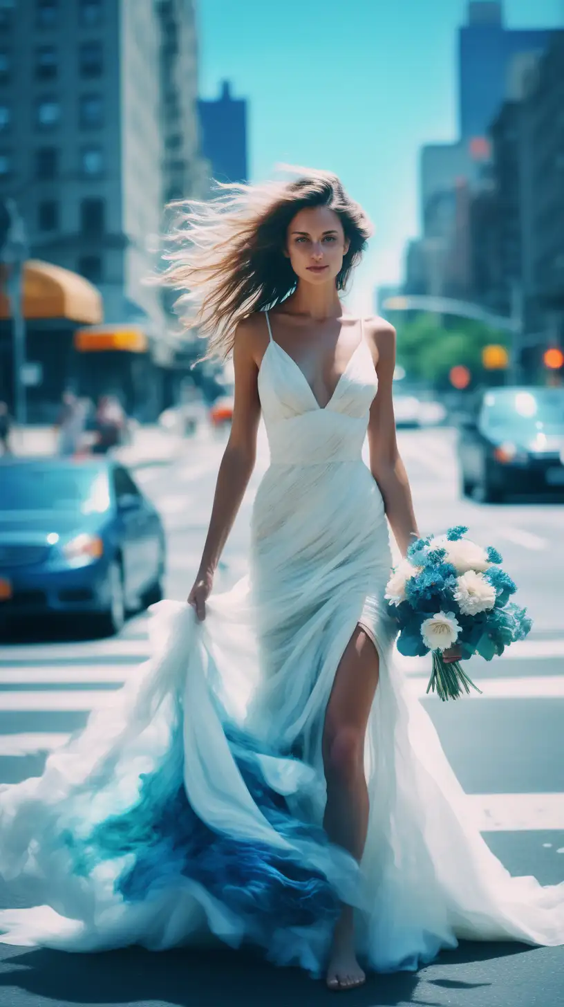 blured beautiful woman, waves  hair, full body,  wedding dress with flowers bouquet in her hand, in the style of analog video effects, Blue sea colors, realistic, emotive portraits, glitch aesthetic, long exposure, New York street view, wide front angle shot, navy chromatic waves behind, split toning --ar 9:16 --v 5.6