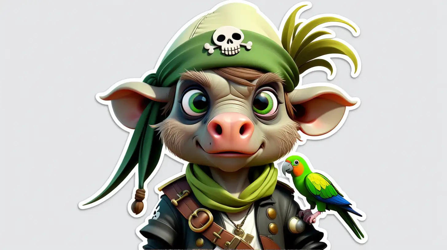 Sticker,Cartoon, cute little green warthog pirate captain with parrot on shoulder and wearing bandana , white background, Vermeer style, 12k, high quality, HD, octane render, cinematic lighting