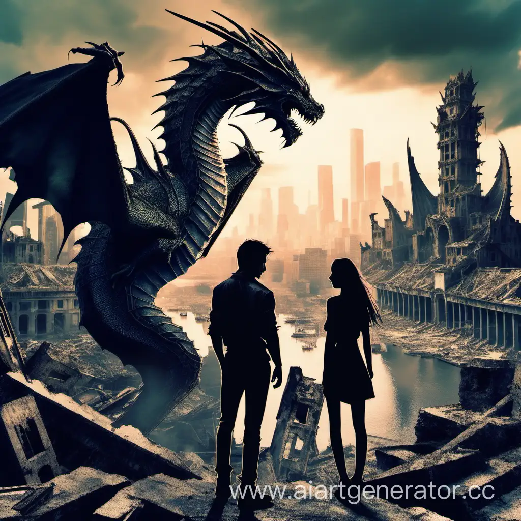 Парень с девушкой  в  разрушенном городе на фоне дракона