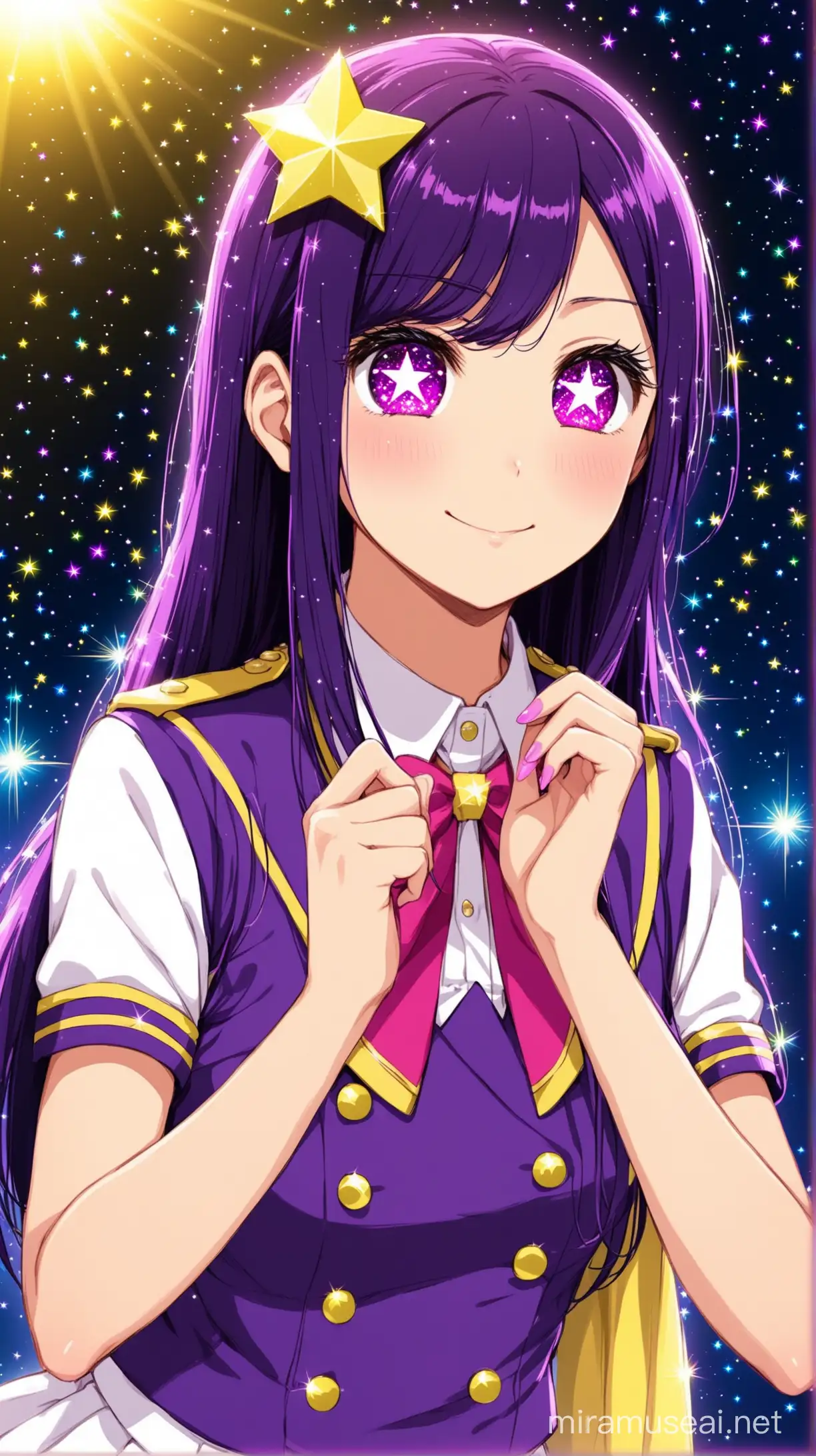 Idol Girl with Starry Eyes and Purple Hair in Uniform