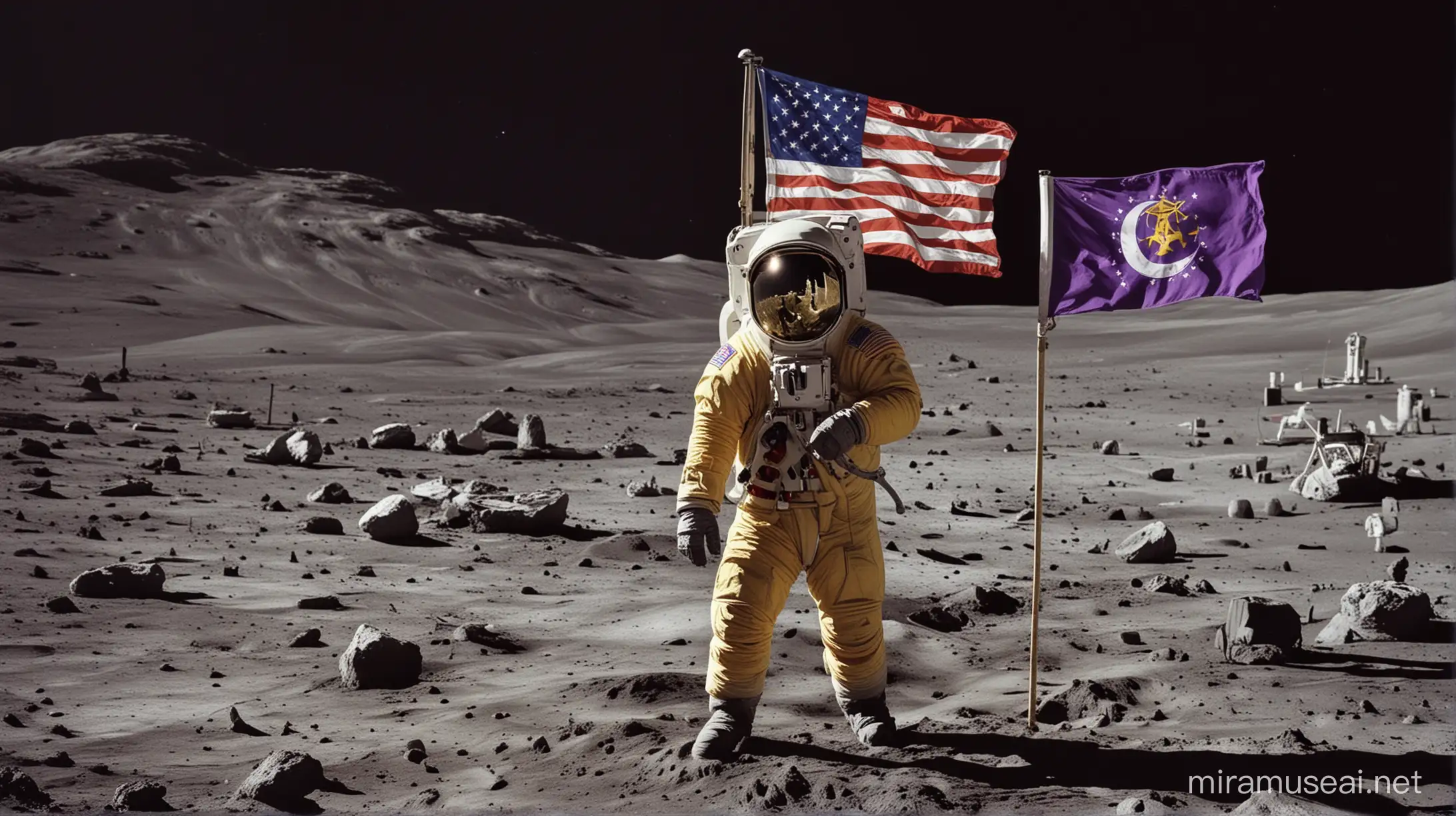 Imagine/Astronaut on moon,flag in hand with this "π" logo,no American flag,flag must be of purple colour, "π" logo of yellow colour
