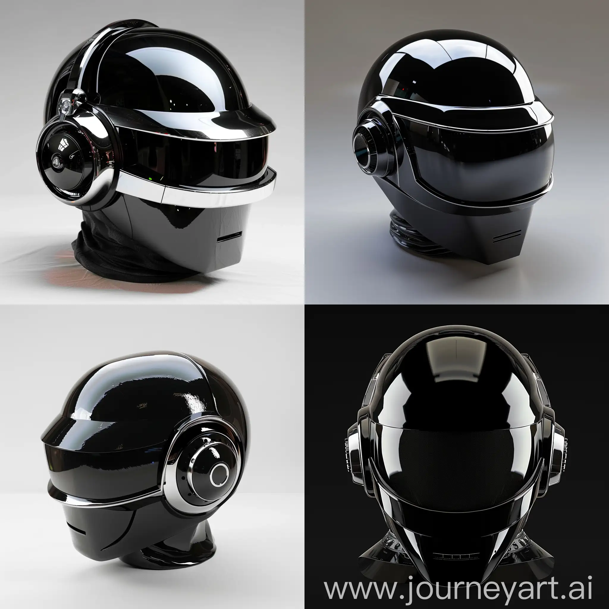 glossy black photorealistic dj helmet, daft punk style