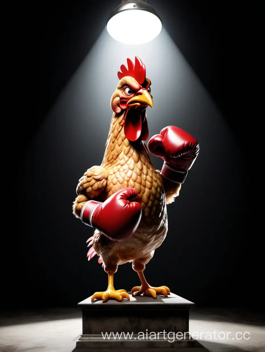 злая курица напротив боксерской перчатки на пьедестале стоит боком в прожекторе