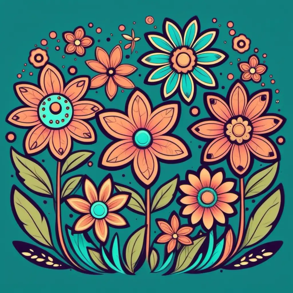Whimsical Cartoon Scene with Boho Flower Elements in SVG Format