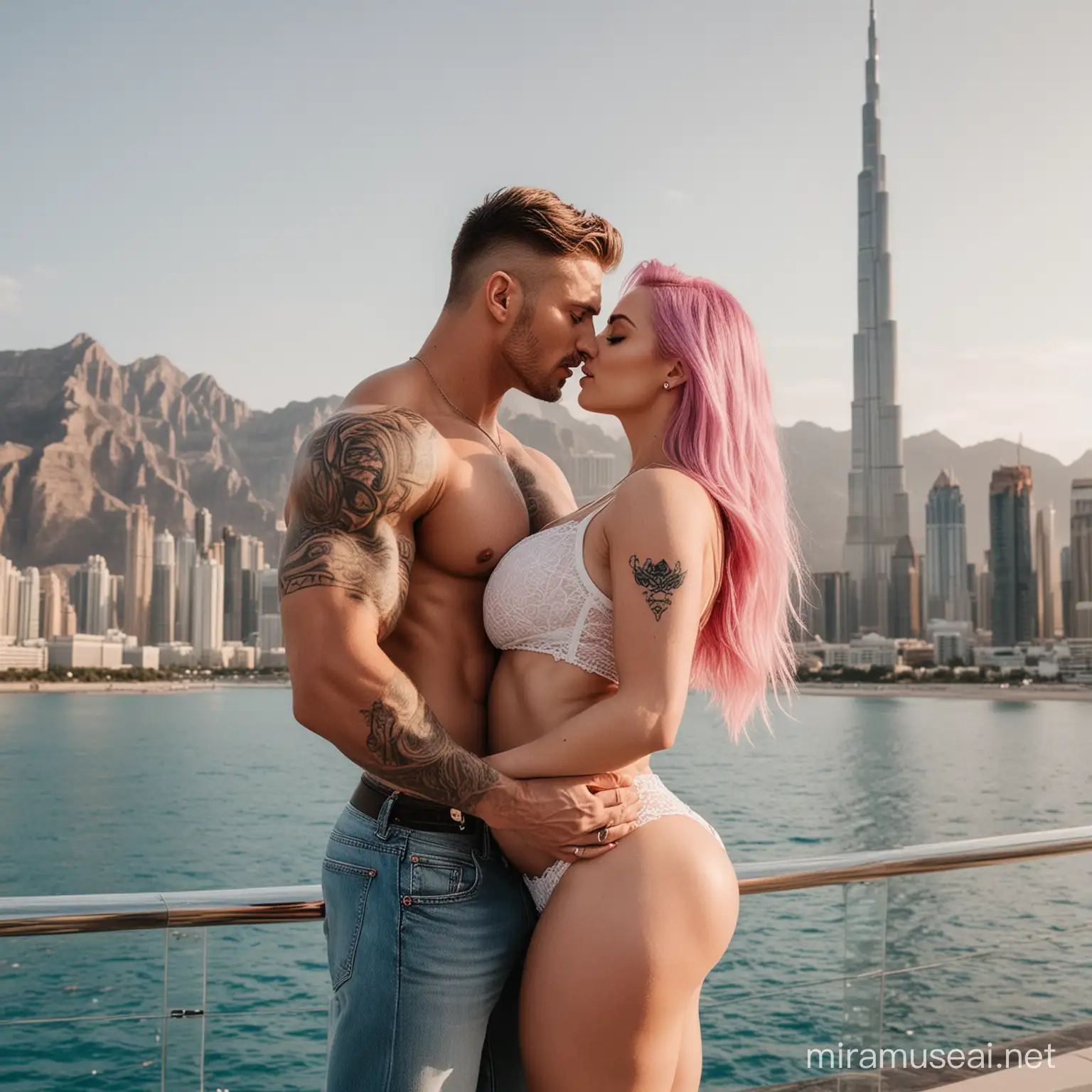 Muscular Man Kissing Pregnant Wife in Front of Luxury Villa with Mountain and Sea View