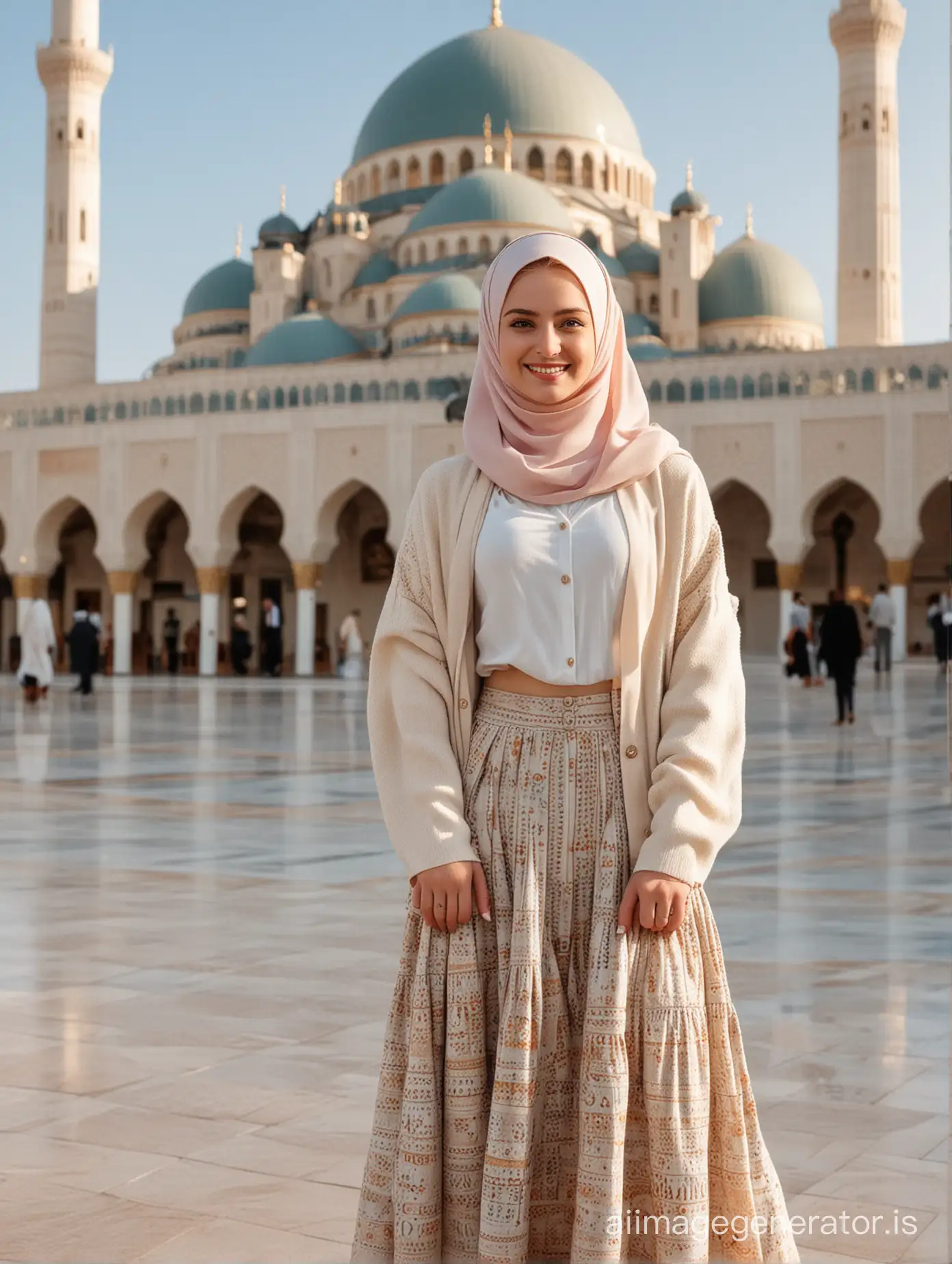 russian girl in hijab, wearing outer cardigan, long skirt, eye level, dynamic pose, smile, background Mecca mosque